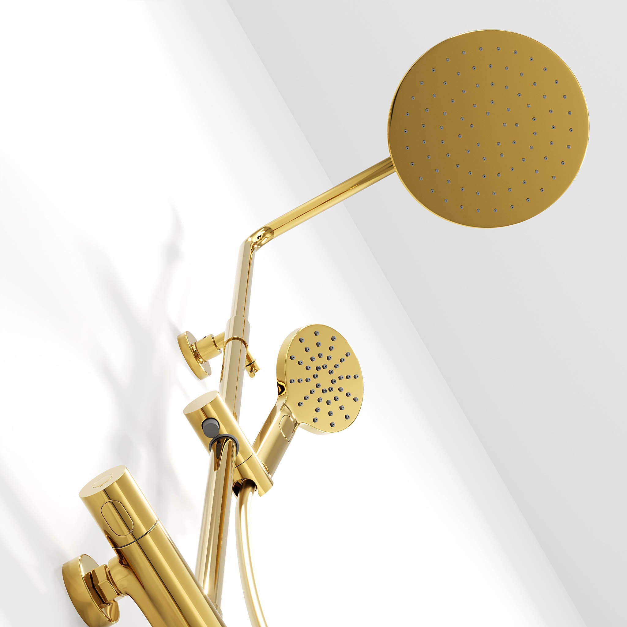 Shower system with thermostatic mixer 150mm C/C - Ø250 mm overhead shower, hand shower - shiny brass - Dragør - MASTERSTORE - 8595677130577 - Showersystem - 31-120-08-64-00 - 8595677130577