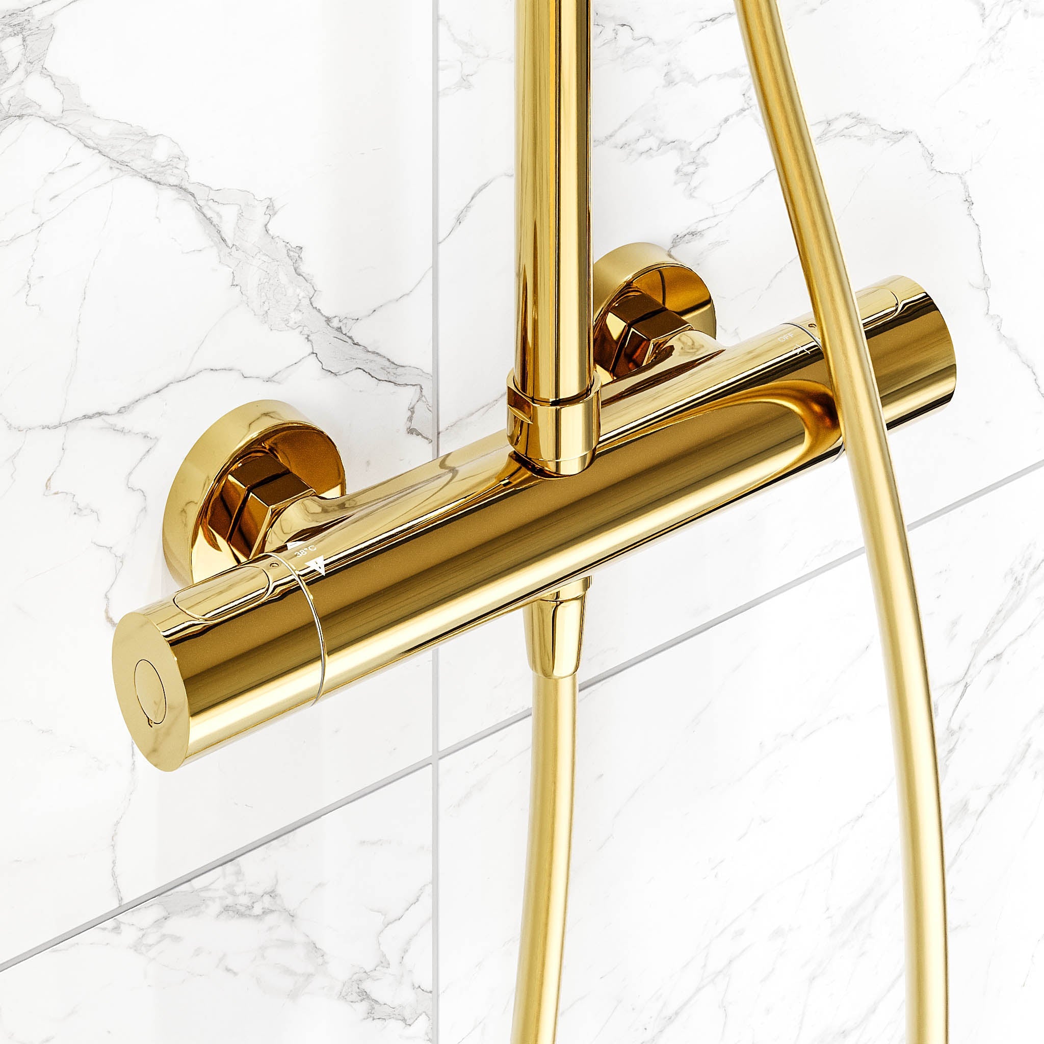 Shower system with thermostatic mixer 150mm C/C - Ø250 mm overhead shower, hand shower - shiny brass - Dragør - MASTERSTORE - 8595677130577 - Showersystem - 31-120-08-64-00 - 8595677130577