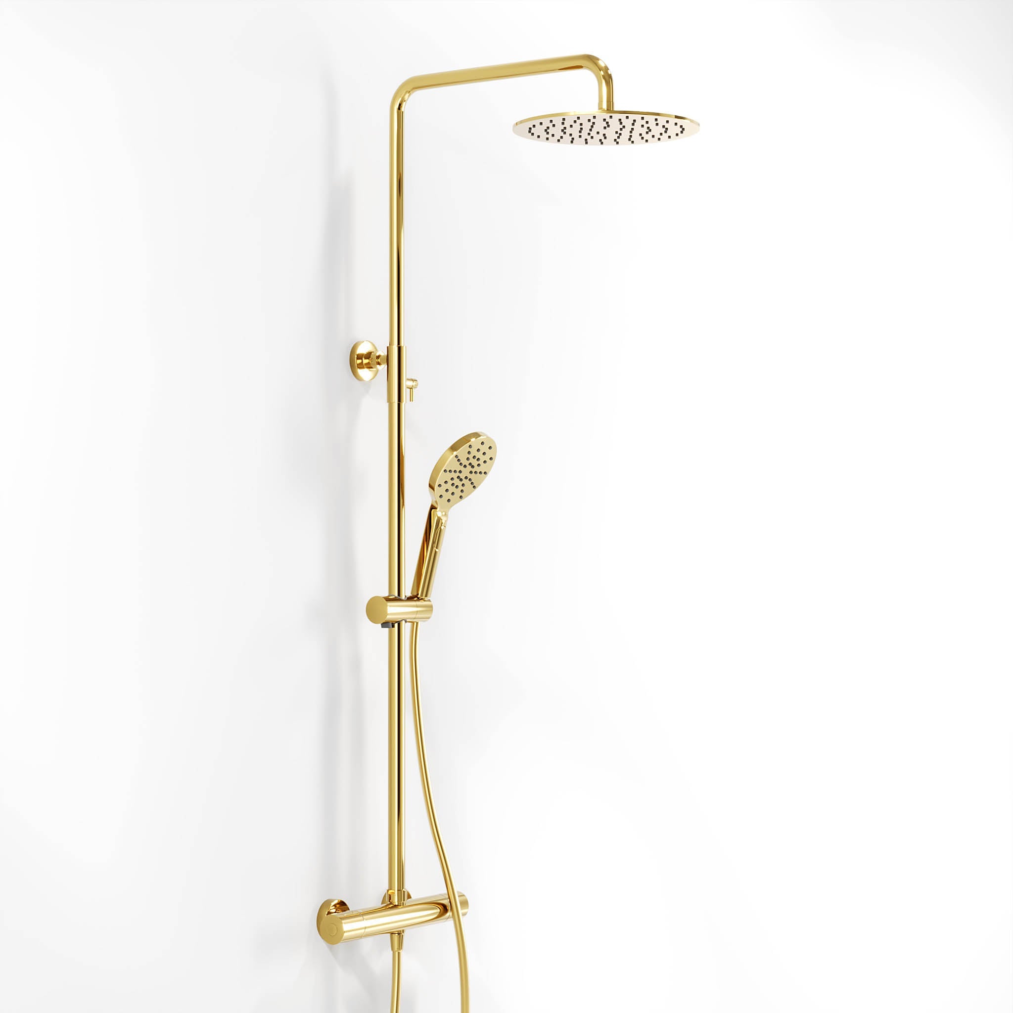 Shower system with thermostatic mixer 150mm C/C - Ø250 mm overhead shower, hand shower - shiny brass - Dragør - MASTERSTORE - 8595677130577 - Showersystem - 31-120-08-64-00 - 8595677130577