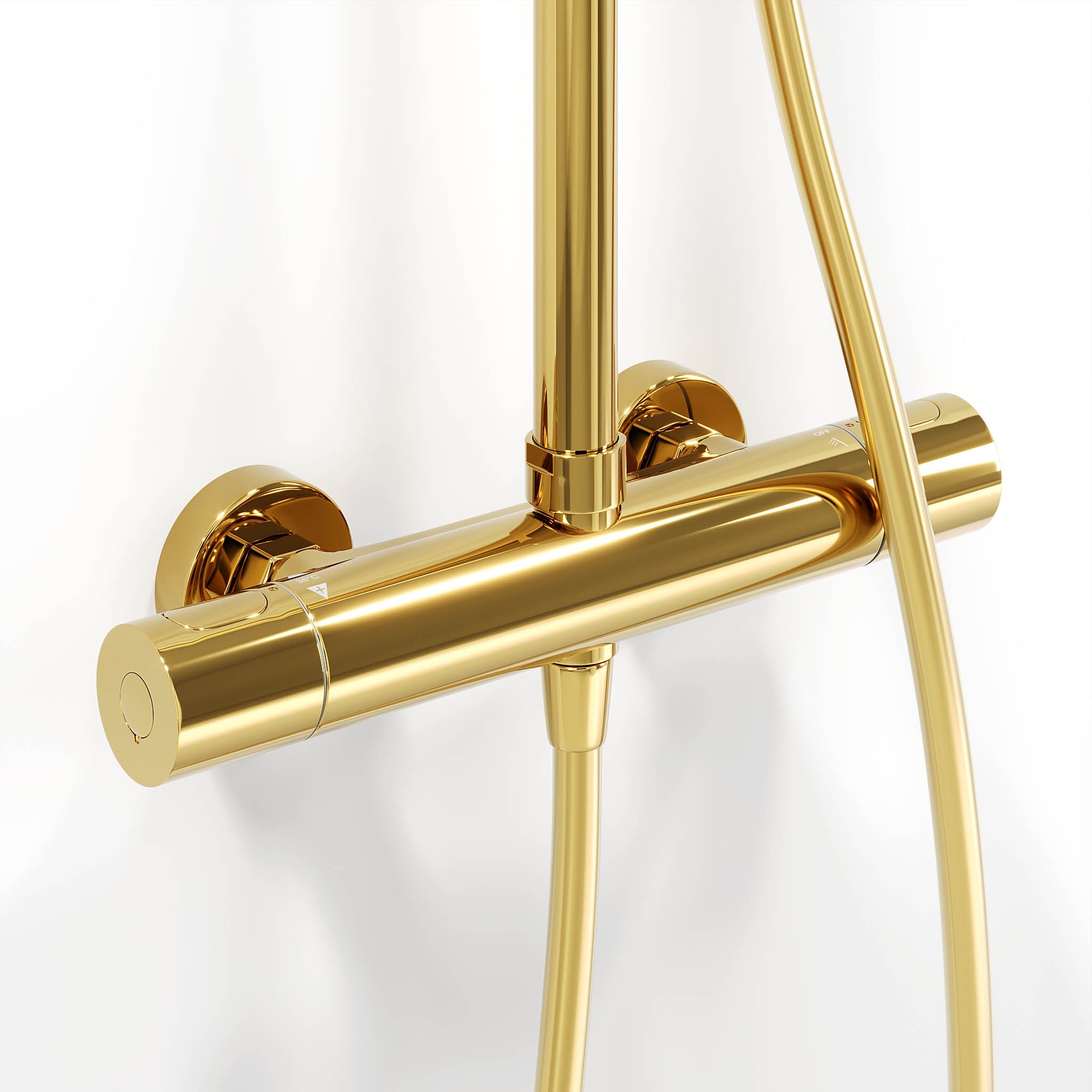 Shower system with thermostatic mixer 150mm C/C - Ø250 mm overhead shower, hand shower - shiny brass - Dragør - MASTERSTORE - 8595677130577 - Showersystem - 31-120-08-64-00 - 8595677130577