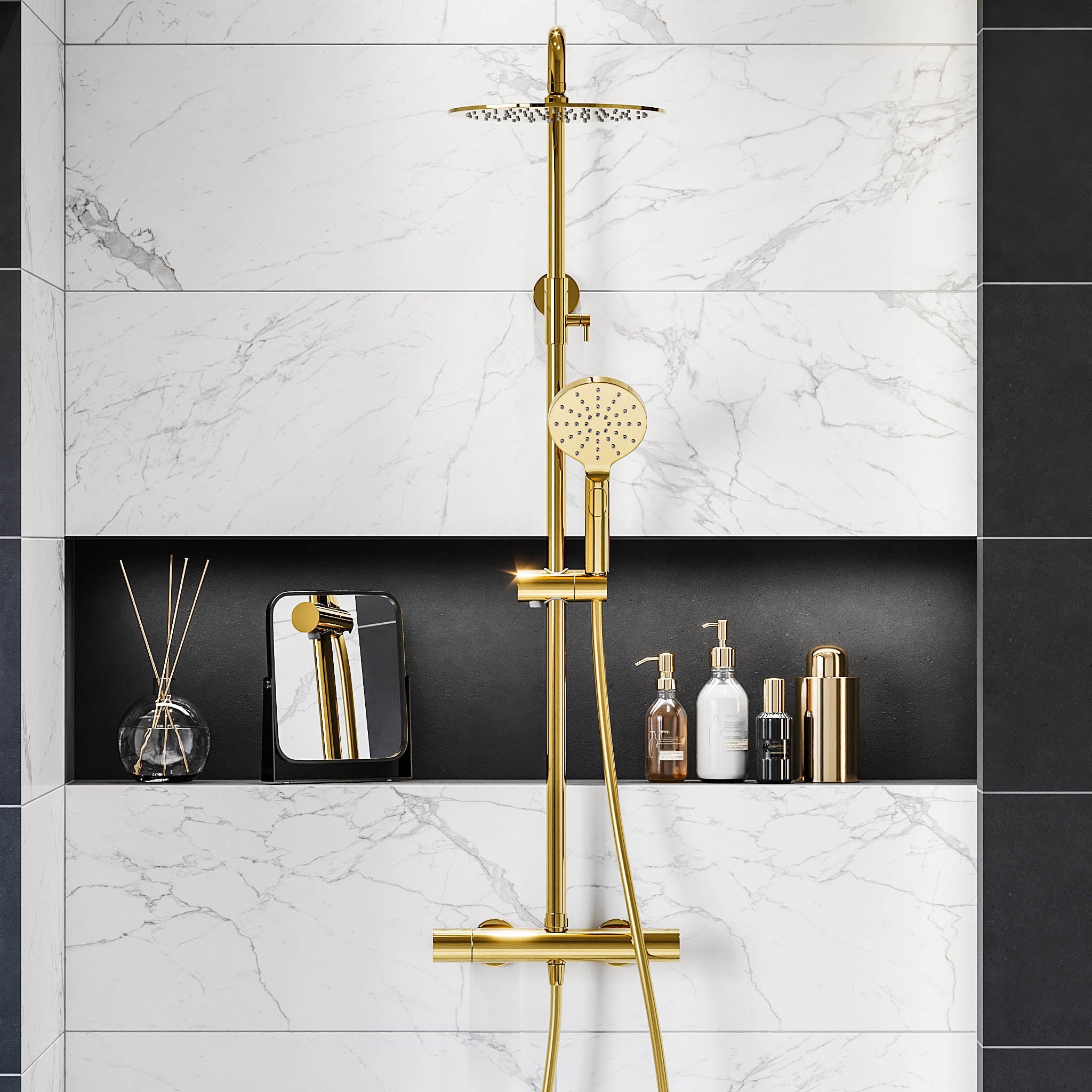 Shower system with thermostatic mixer 150mm C/C - Ø250 mm overhead shower, hand shower - shiny brass - Dragør - MASTERSTORE - 8595677130577 - Showersystem - 31-120-08-64-00 - 8595677130577