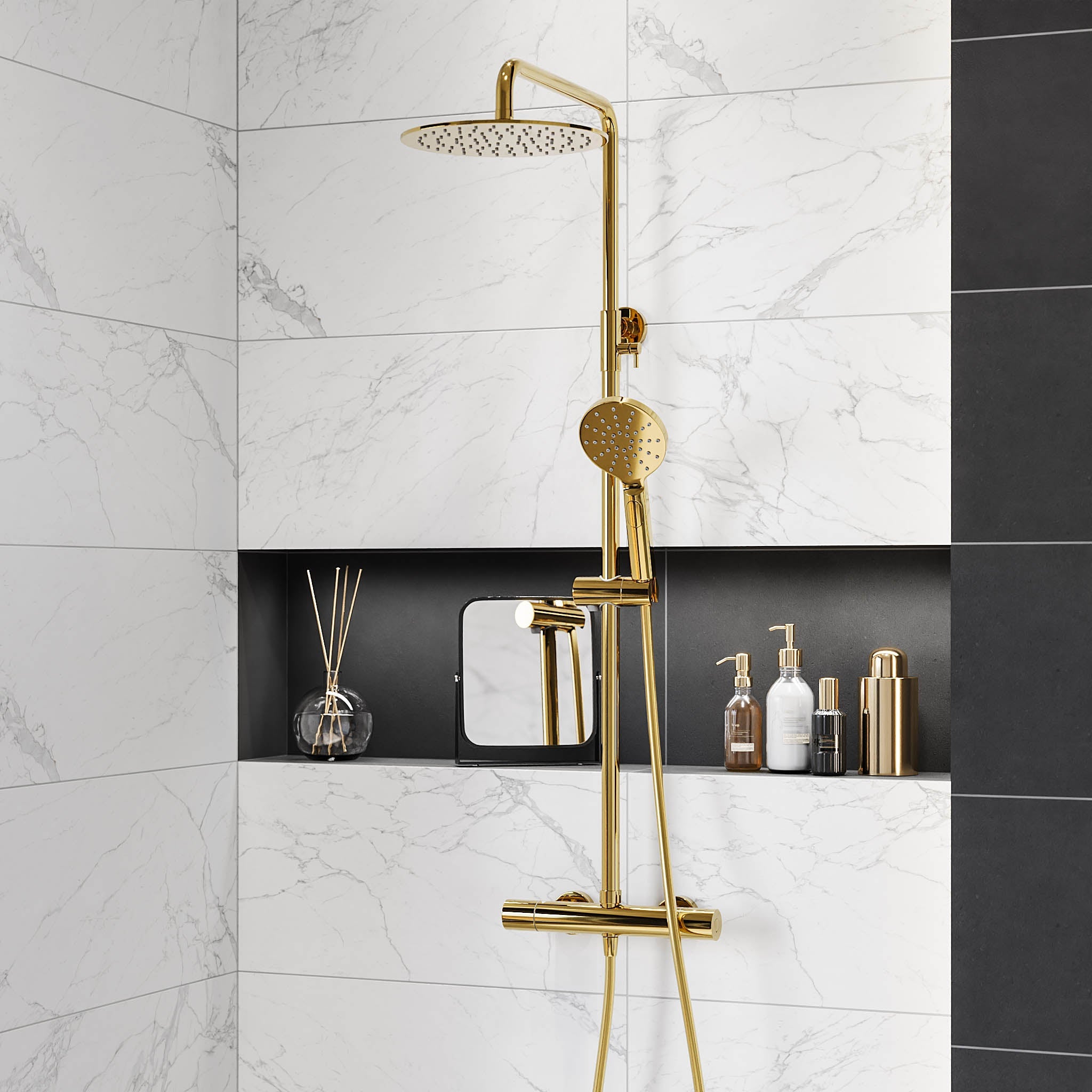 Shower system with thermostatic mixer 150mm C/C - Ø250 mm overhead shower, hand shower - shiny brass - Dragør - MASTERSTORE - 8595677130577 - Showersystem - 31-120-08-64-00 - 8595677130577