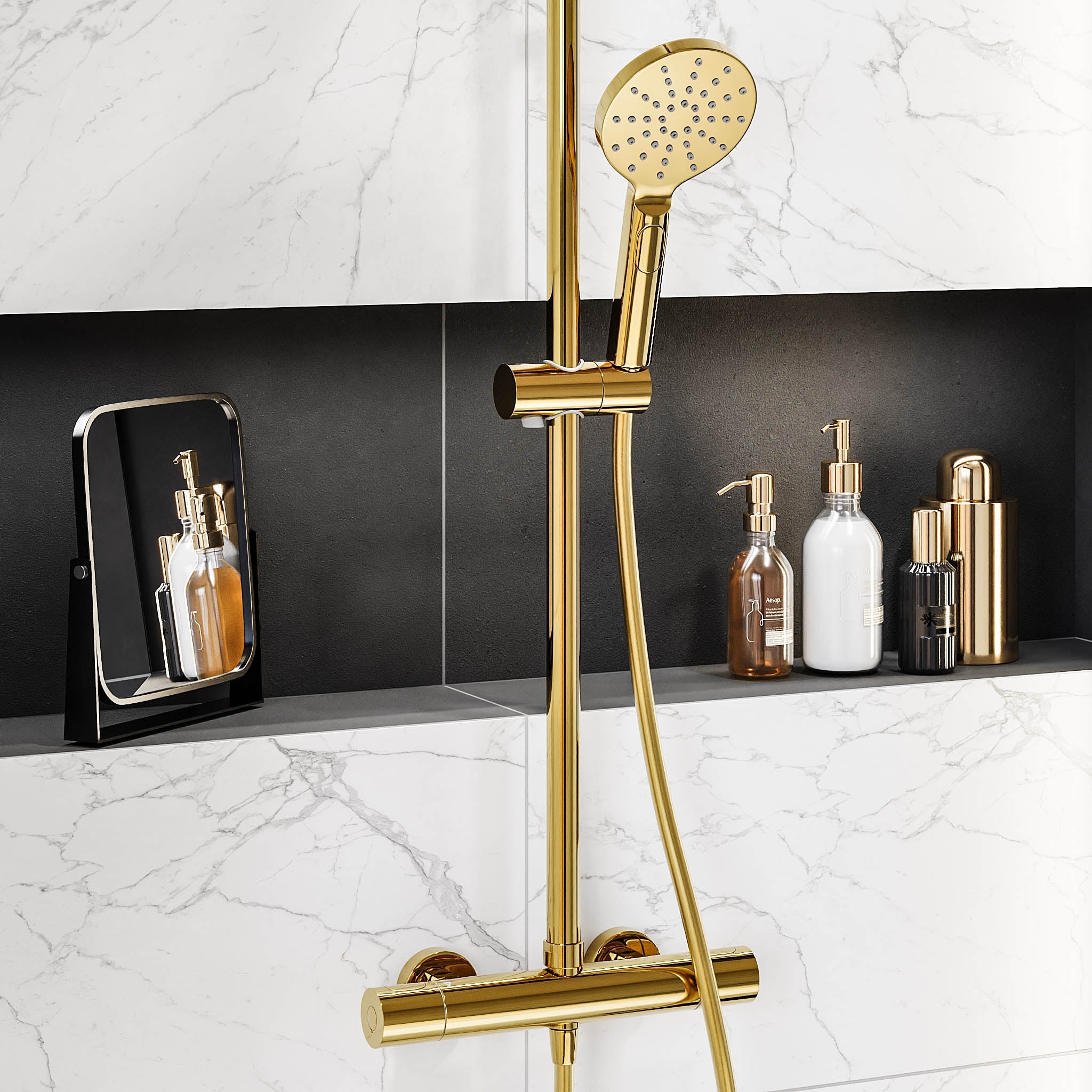 Shower system with thermostatic mixer 150mm C/C - Ø250 mm overhead shower, hand shower - shiny brass - Dragør - MASTERSTORE - 8595677130577 - Showersystem - 31-120-08-64-00 - 8595677130577
