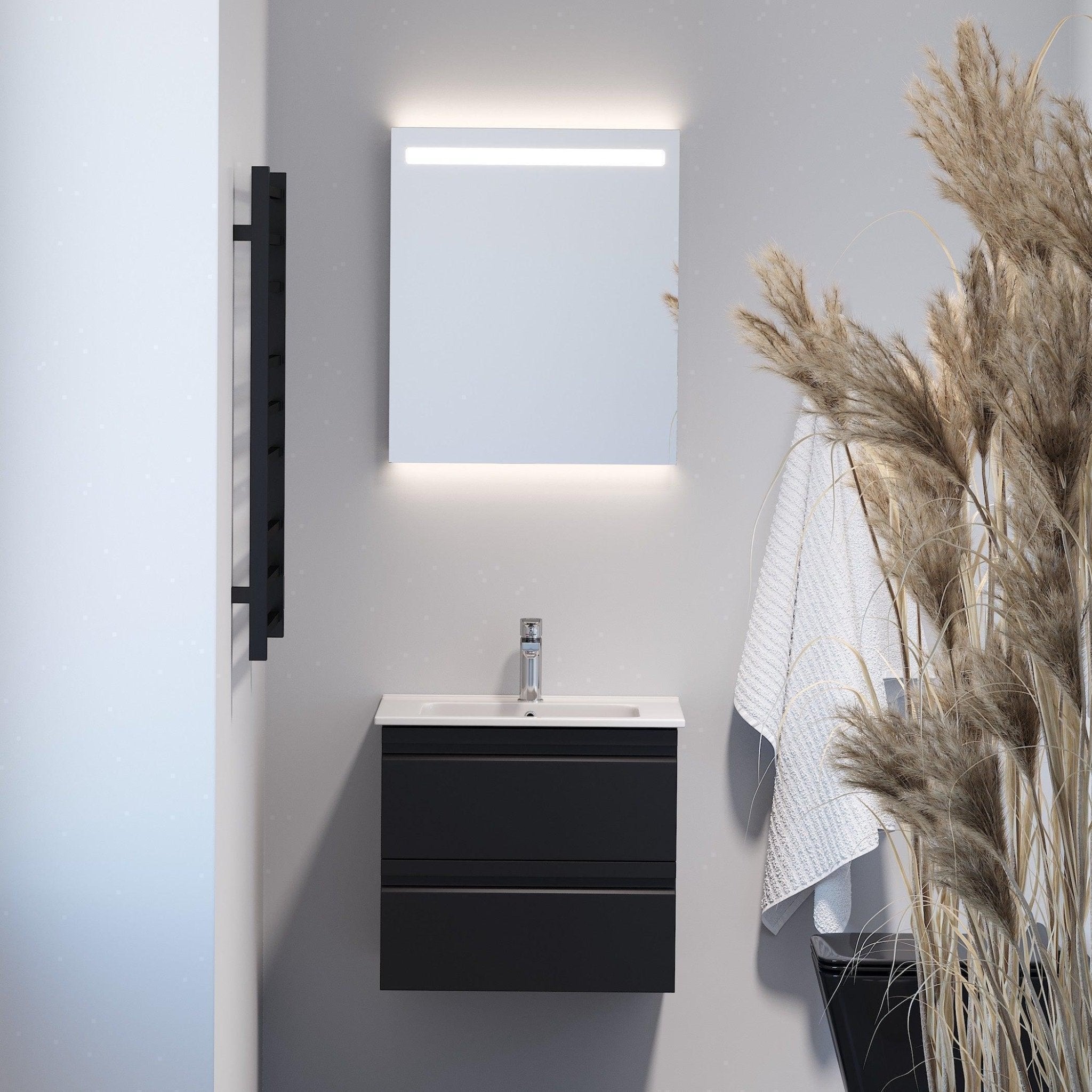 Badrumsmöbelpaket med underskåp, LED - spegel och tvättställ i porslin - 56 cm - mattgrå - Vedø - Tvättställsskåp - Vedø, Furniture Set - One Box, Black Mat - 56 cm - MASTERSTORE - 8595677133172 - Furniture Set - One Box - 09 - 056 - 20 - 02 - 00 - 8595677133172 -