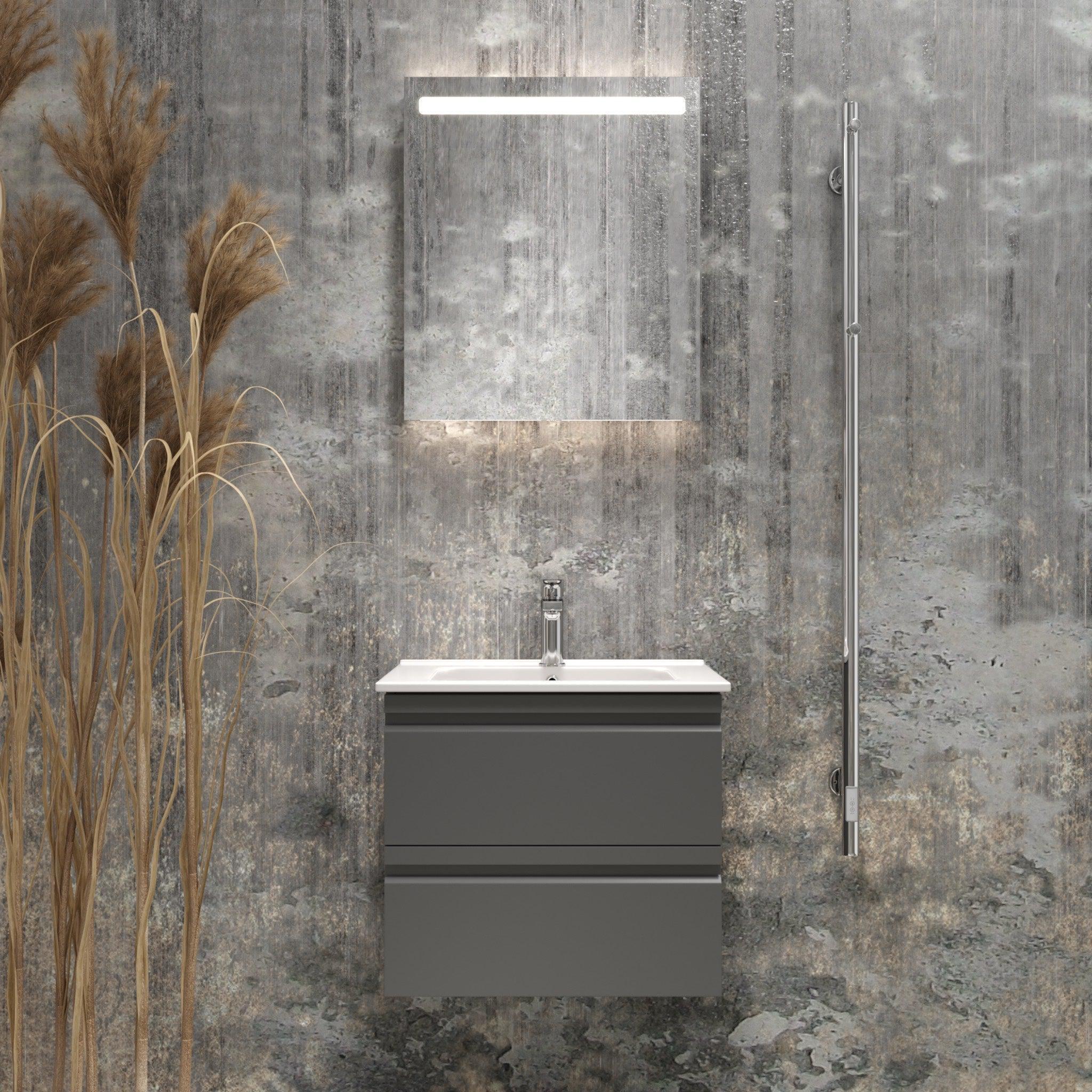 Badrumsmöbelpaket med underskåp, LED - spegel och tvättställ i porslin - 56 cm - mattsvart - Vedø - Tvättställsskåp - Vedø, Furniture Set - One Box, Grey Mat - 56 cm - MASTERSTORE - 8595677133196 - Furniture Set - One Box - 09 - 056 - 20 - 03 - 00 - 8595677133196 -
