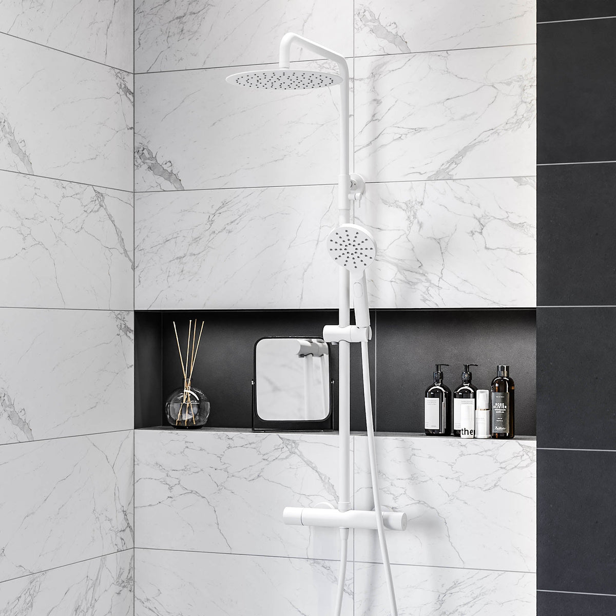 Shower system with thermostatic mixer 150mm C/C - Ø250 mm overhead shower, hand shower - matt white - Dragør - MASTERSTORE - 8595677133363 - Showersystem - 31-120-05-01-00 - 8595677133363