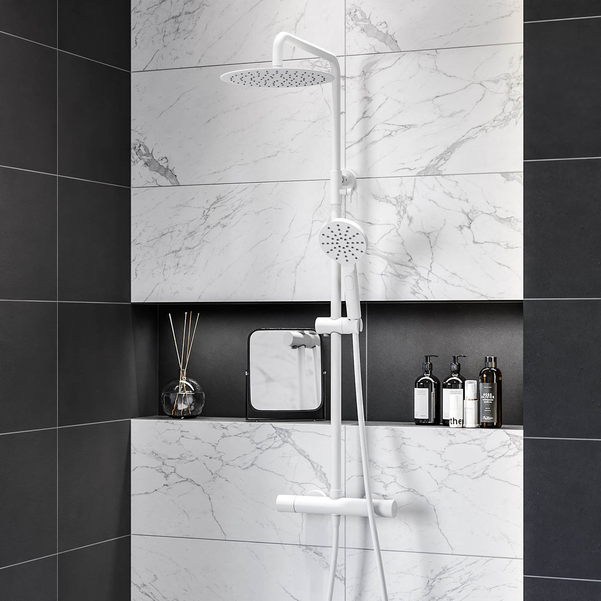 Shower system with thermostatic mixer 150mm C/C - Ø250 mm overhead shower, hand shower - matt white - Dragør - MASTERSTORE - 8595677133363 - Showersystem - 31-120-05-01-00 - 8595677133363