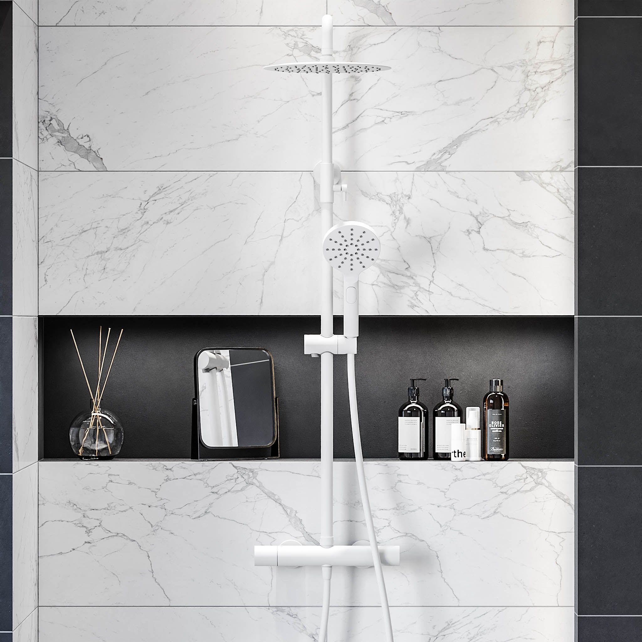 Shower system with thermostatic mixer 150mm C/C - Ø250 mm overhead shower, hand shower - matt white - Dragør - MASTERSTORE - 8595677133363 - Showersystem - 31-120-05-01-00 - 8595677133363