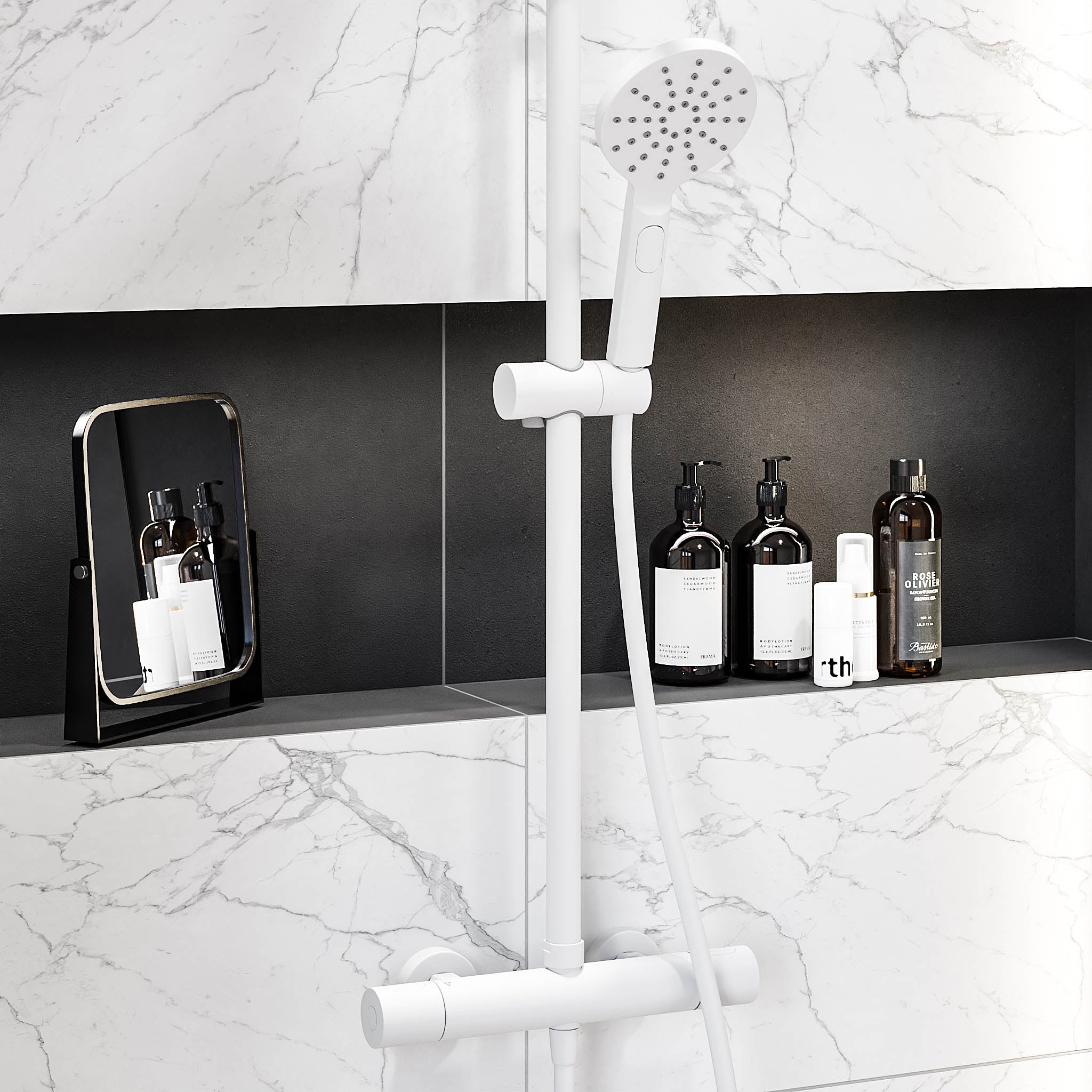 Shower system with thermostatic mixer 150mm C/C - Ø250 mm overhead shower, hand shower - matt white - Dragør - MASTERSTORE - 8595677133363 - Showersystem - 31-120-05-01-00 - 8595677133363