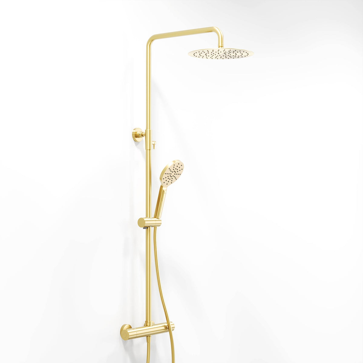 Shower system with thermostatic mixer 150mm C/C - Ø250 mm overhead shower, hand shower - brushed brass - Dragør - MASTERSTORE - 8595677133370 - Showersystem - 31-120-05-70-00 - 8595677133370