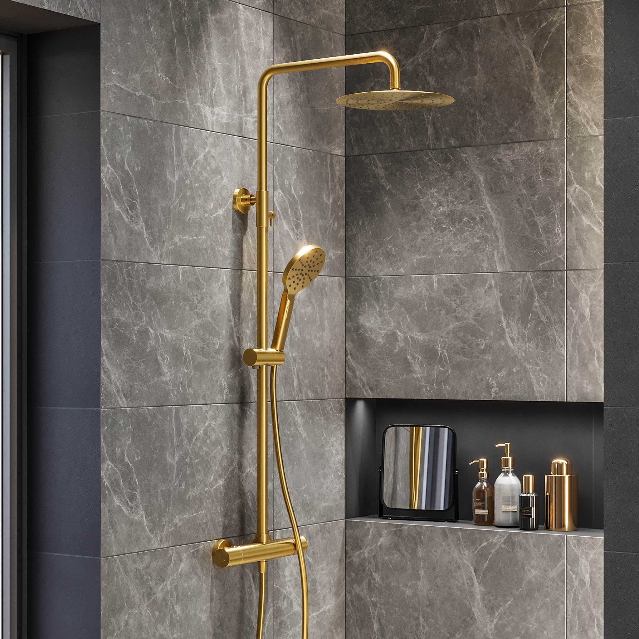 Takduschset med termostatblandare 150mm C/C - Ø250 mm takdusch, handdusch - borstad mässing - Dragør - Duschsystem - Shower system with thermostatic mixer 150mm C/C - Ø250 mm overhead shower, hand shower - brushed brass - Dragør - MASTERSTORE - 8595677133370 - Showersystem - 31 - 120 - 05 - 70 - 00 - 8595677133370 -