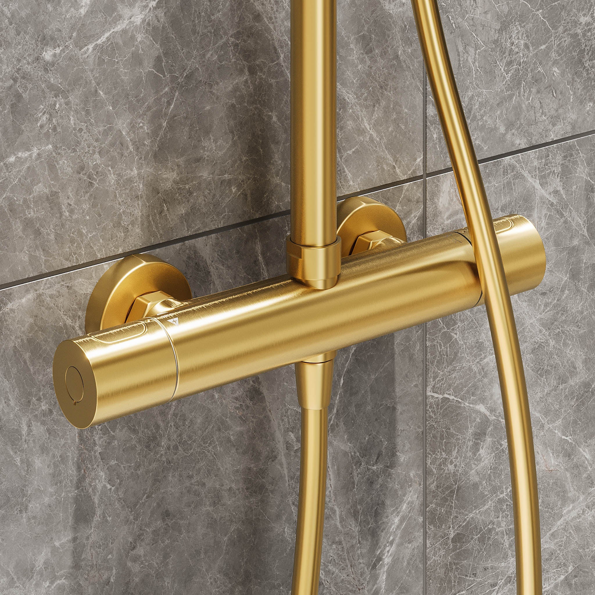 Shower system with thermostatic mixer 150mm C/C - Ø250 mm overhead shower, hand shower - brushed brass - Dragør - MASTERSTORE - 8595677133370 - Showersystem - 31-120-05-70-00 - 8595677133370