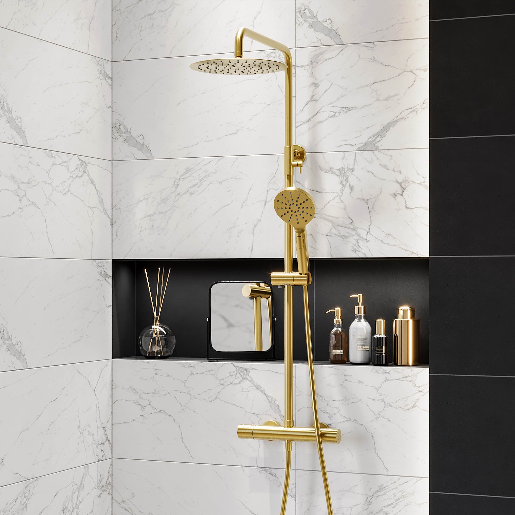 Shower system with thermostatic mixer 150mm C/C - Ø250 mm overhead shower, hand shower - brushed brass - Dragør - MASTERSTORE - 8595677133370 - Showersystem - 31-120-05-70-00 - 8595677133370
