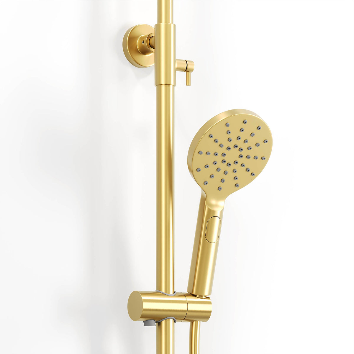 Shower system with thermostatic mixer 150mm C/C - Ø250 mm overhead shower, hand shower - brushed brass - Dragør - MASTERSTORE - 8595677133370 - Showersystem - 31-120-05-70-00 - 8595677133370