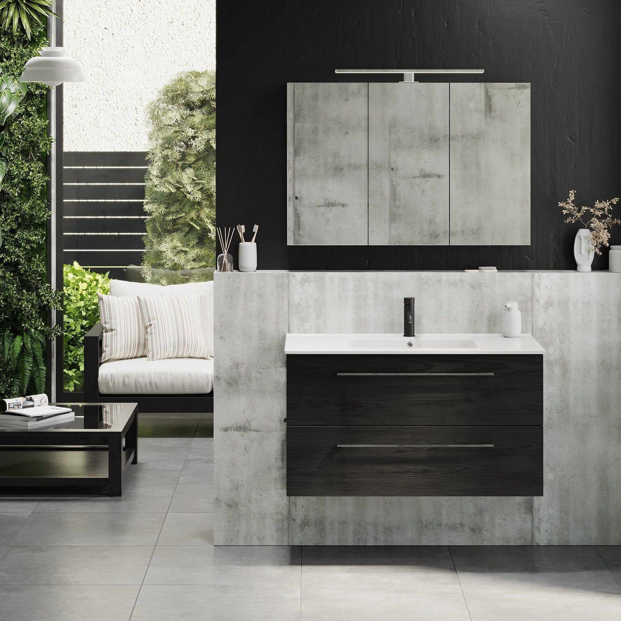 Mirror cabinet 90x65x14 cm - with glass shelves - Black wood structure - Morgendal - MASTERSTORE - 8595677134957 - Mirror Cabinets - 02-090-53-22-00 - 8595677134957