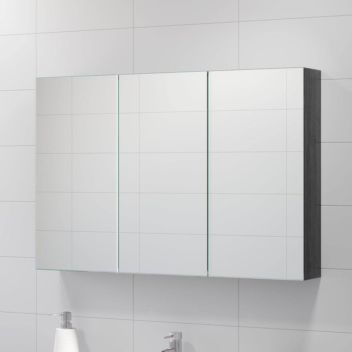 Spegelskåp 100x65x14 cm - med glashyllor - svart trästruktur - Morgendal