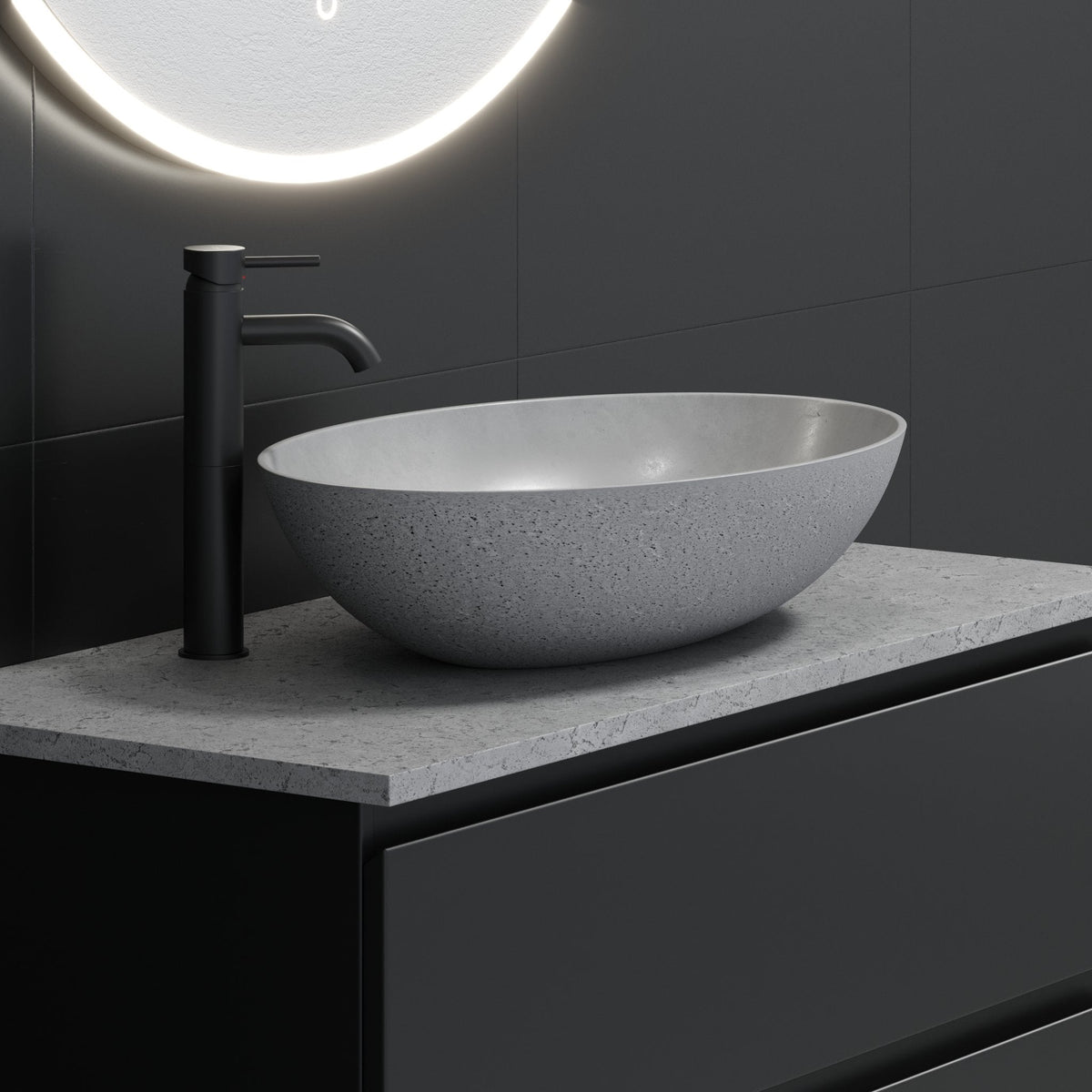 Fristående oval tvättställsskål - 60x40,5x14 cm - betong - ytbehandlad - Olsborg
