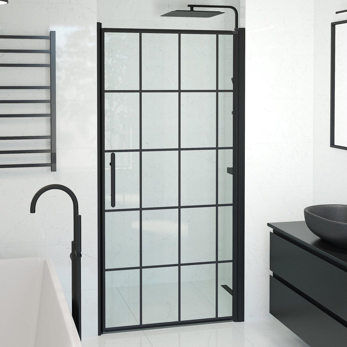 Dörr till duschnisch 100x198 cm - 6 mm klart nanoglas med svarta spröjs - svart profil - Vänern