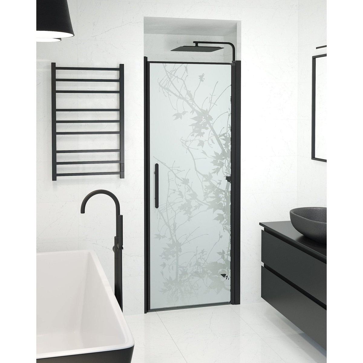 Duschnischdörr 80x198 cm - 6 mm frostat dekor-nanoglas - svart profil - Vänern
