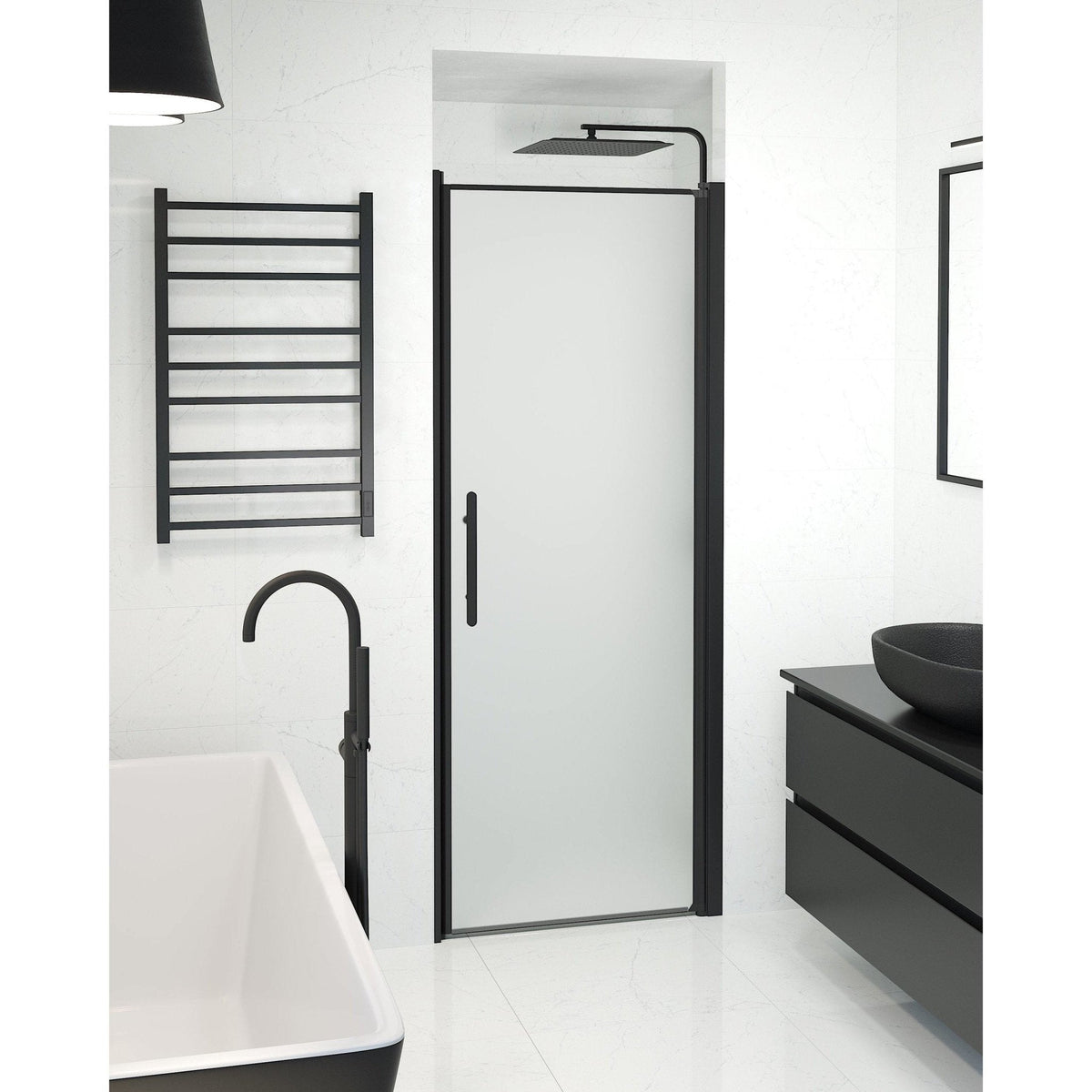 Dörr till duschnisch 80x198 cm - 6 mm frostat nanoglas - svart profil - Vänern
