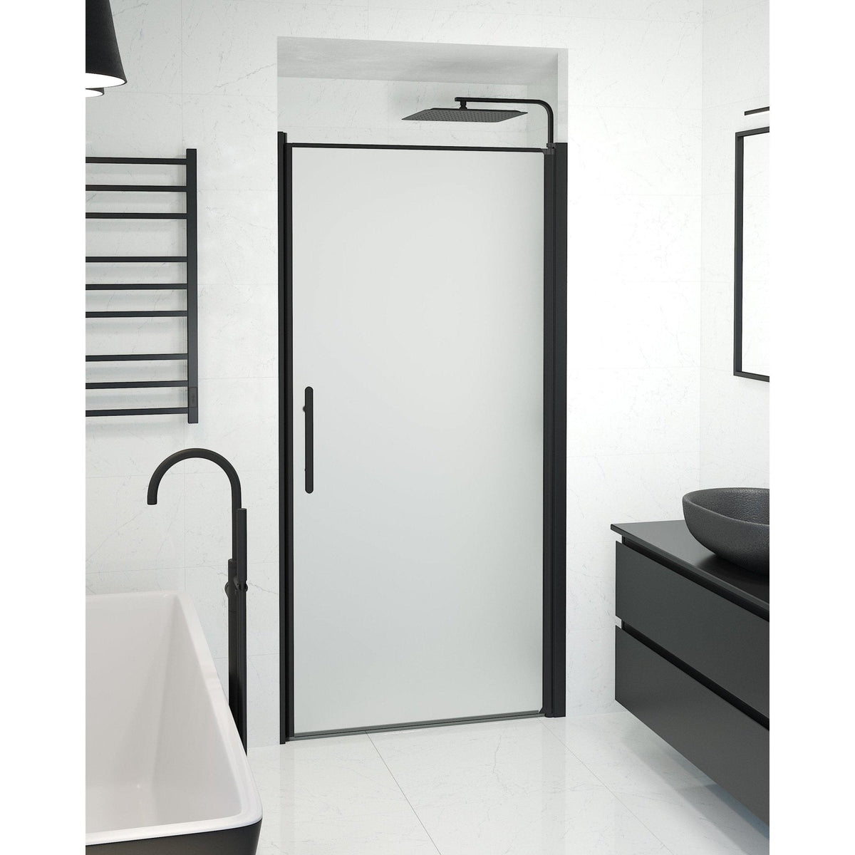 Dörr till duschnisch 80x198 cm - 6 mm frostat nanoglas - svart profil - Vänern
