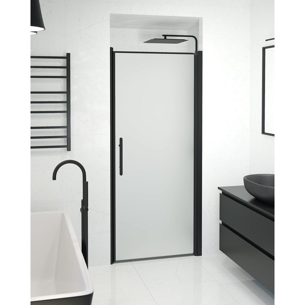 Dörr till duschnisch 90x198 cm - 6 mm frostat nanoglas - svart profil - Vänern