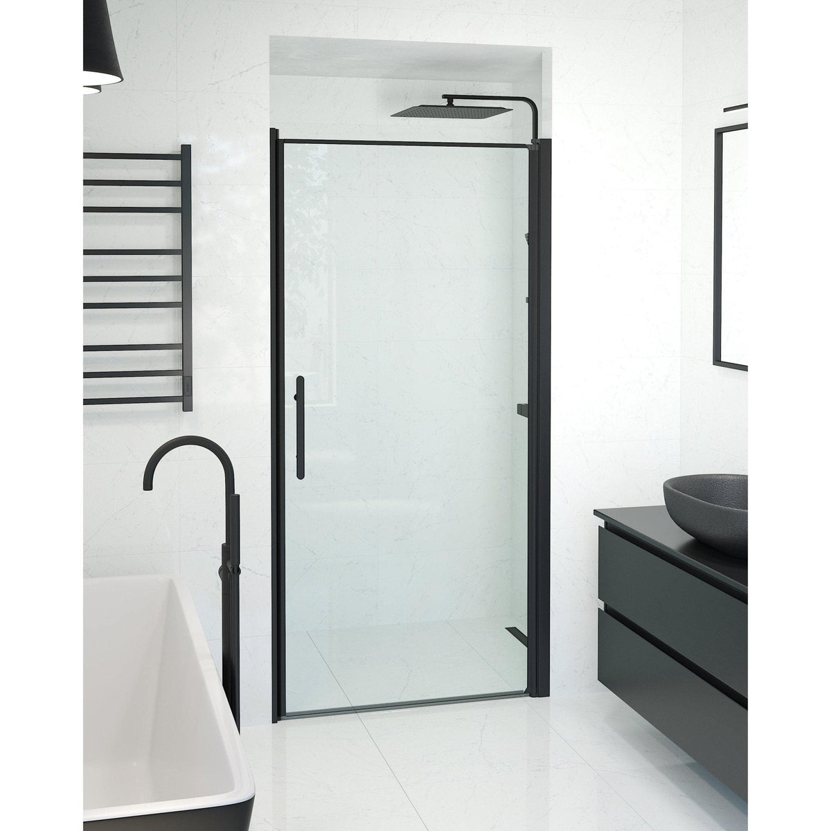 Dörr till duschnisch 100x198 cm - 6 mm klart nanoglas - svart profil - Vänern
