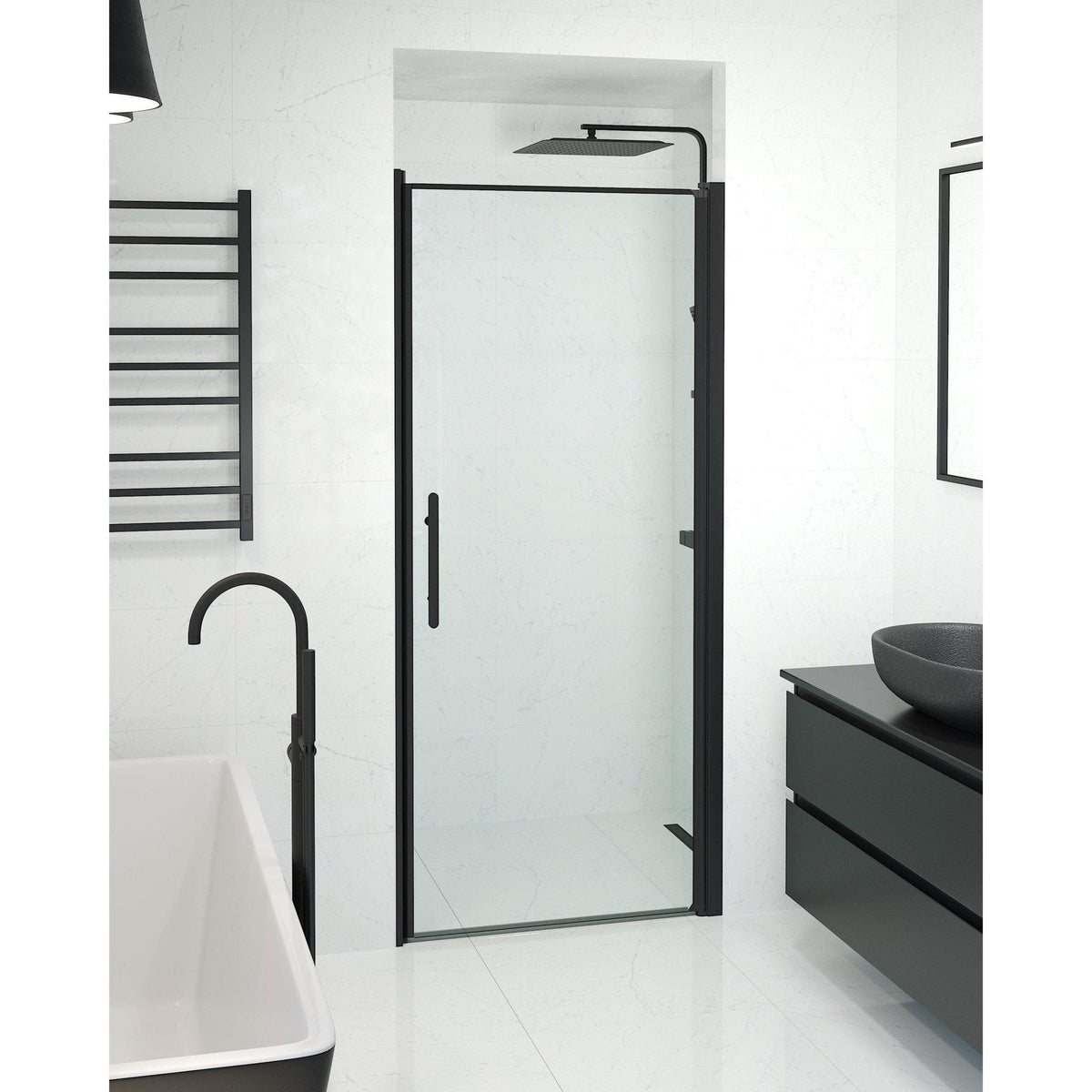Dörr till duschnisch 100x198 cm - 6 mm klart nanoglas - svart profil - Vänern