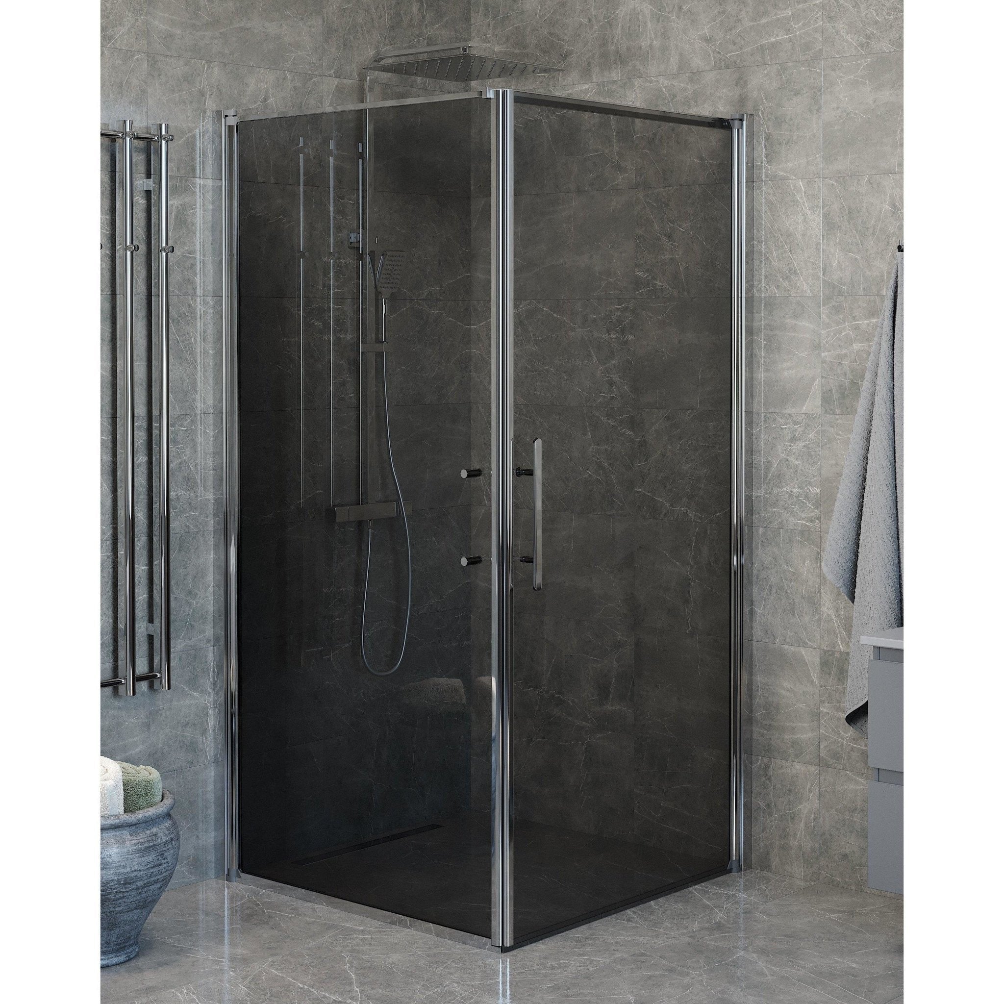 Duschhörna med fast vägg och dörr - 80x70x198 cm - 6 mm rökfärgat nanoglas - kromprofil - Vänern - Duschhörn - Wall + Door - Smoked, Shower Enclosure Set - Code, Smoked/Chrome - 80 cm - MASTERSTORE - 8595677139600 - Shower Enclosure Set - Code - 40 - 807 - 01 - 56 - 00 - 8595677139600 -