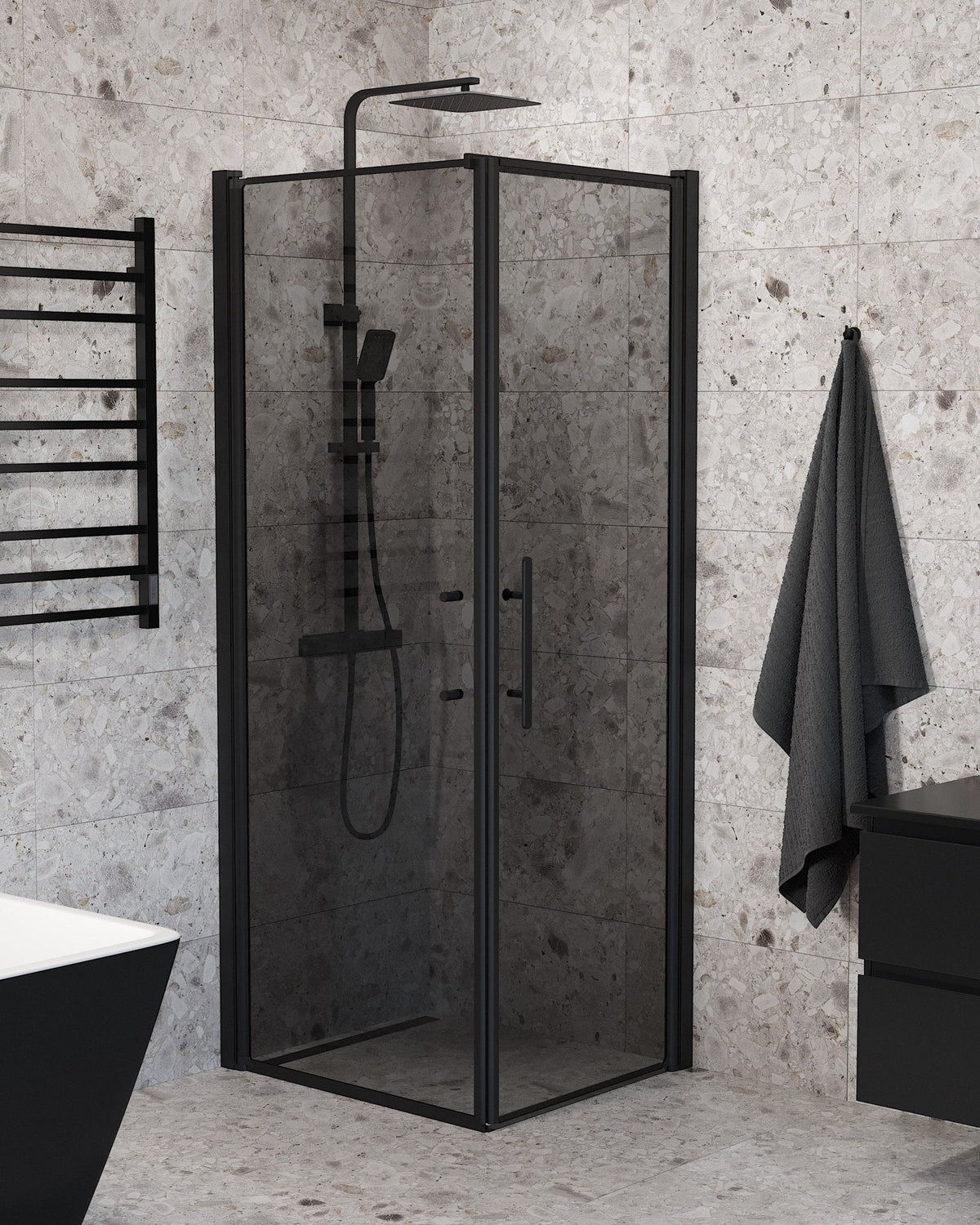 Duschkabin med duschvägg och dörr - 90x70x198 cm - 6 mm rökfärgat nanoglas - svart profil - Vänern