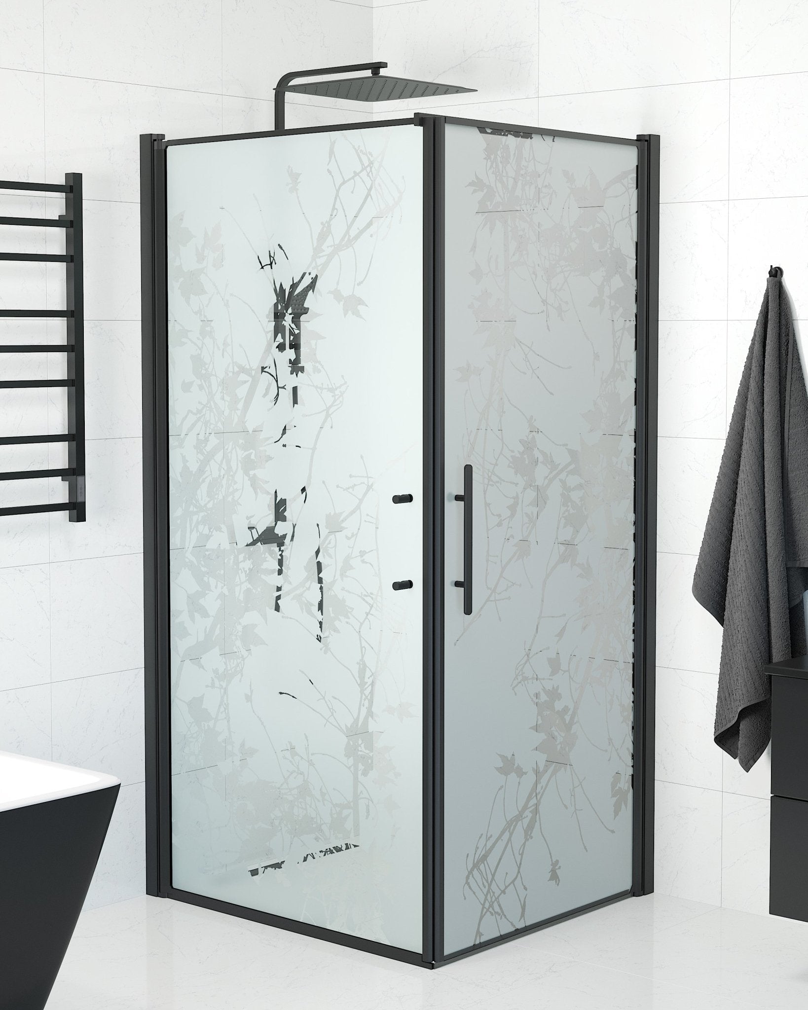 Duschhörna med fast vägg och dörr - 80x80x198 cm - 6 mm frostat dekor nanoglas - svart profil - Vänern - Duschhörn - Wall + Door - Decor, Shower Enclosure Set - Code, Decor/Black - 80 cm - MASTERSTORE - 8595677139785 - Shower Enclosure Set - Code - 40 - 808 - 00 - 54 - 00 - 8595677139785 -