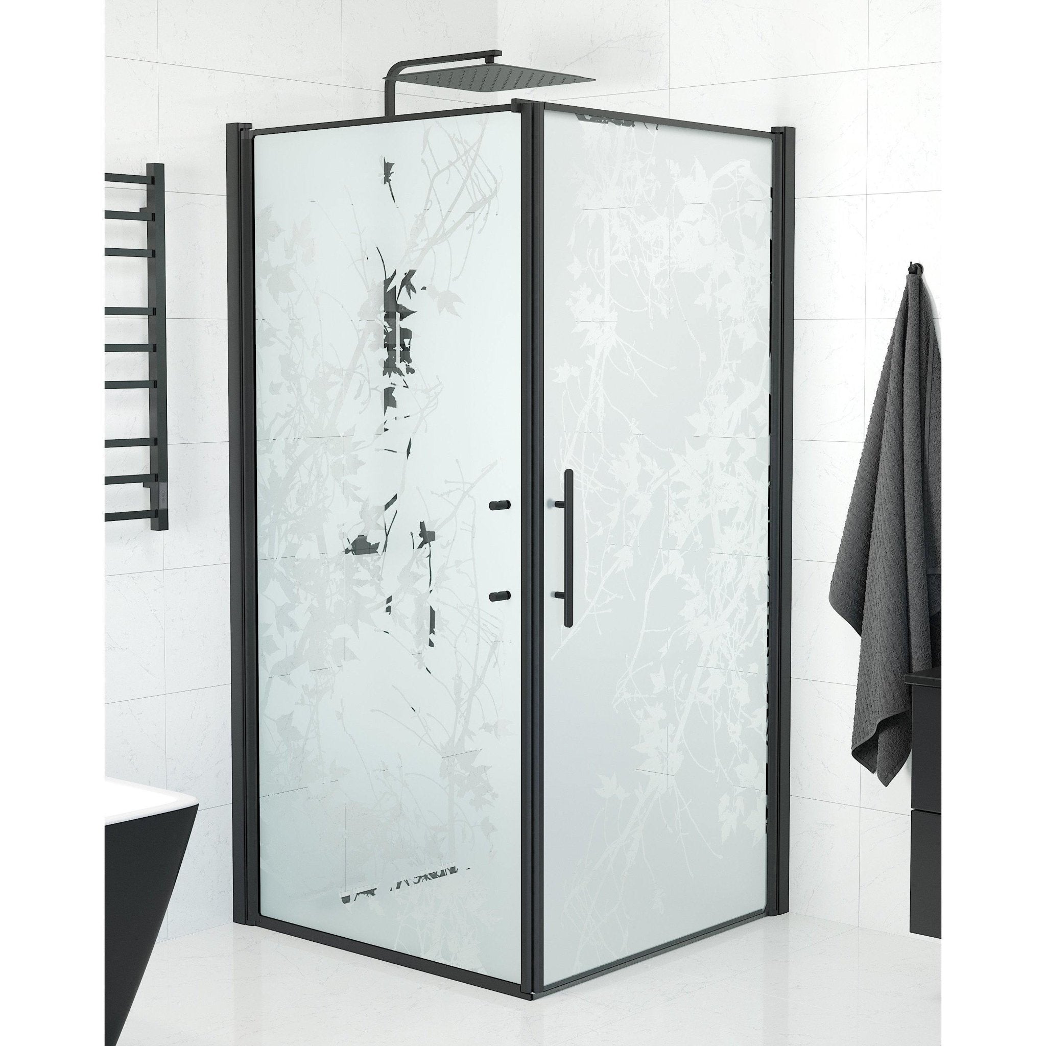 Duschhörna med fast vägg och dörr - 80x80x198 cm - 6 mm frostat dekor nanoglas - svart profil - Vänern - Duschhörn - Wall + Door - Decor, Shower Enclosure Set - Code, Decor/Black - 80 cm - MASTERSTORE - 8595677139785 - Shower Enclosure Set - Code - 40 - 808 - 00 - 54 - 00 - 8595677139785 -