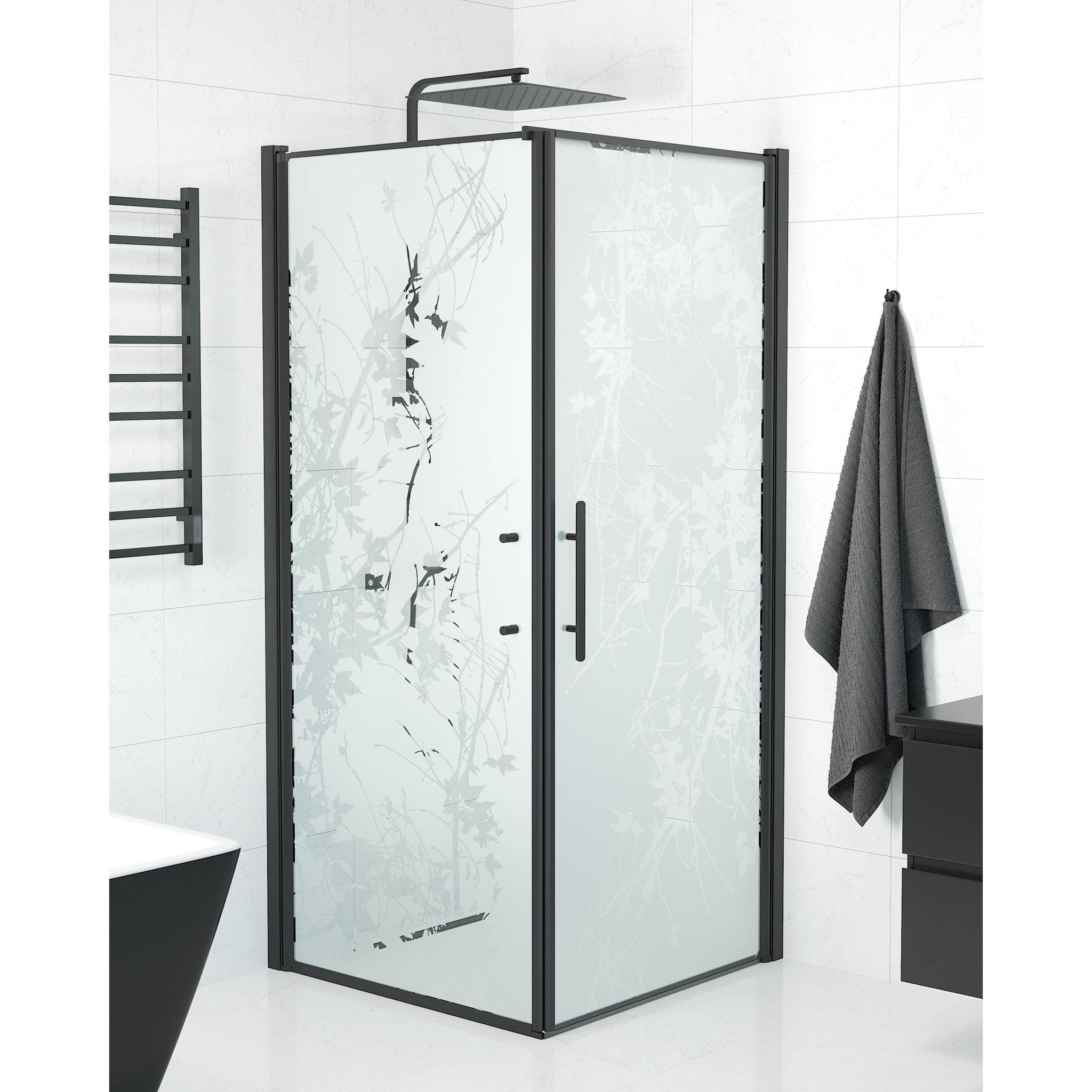 Duschhörna med fast vägg och dörr - 80x80x198 cm - 6 mm frostat dekor nanoglas - svart profil - Vänern - Duschhörn - Wall + Door - Decor, Shower Enclosure Set - Code, Decor/Black - 80 cm - MASTERSTORE - 8595677139785 - Shower Enclosure Set - Code - 40 - 808 - 00 - 54 - 00 - 8595677139785 -