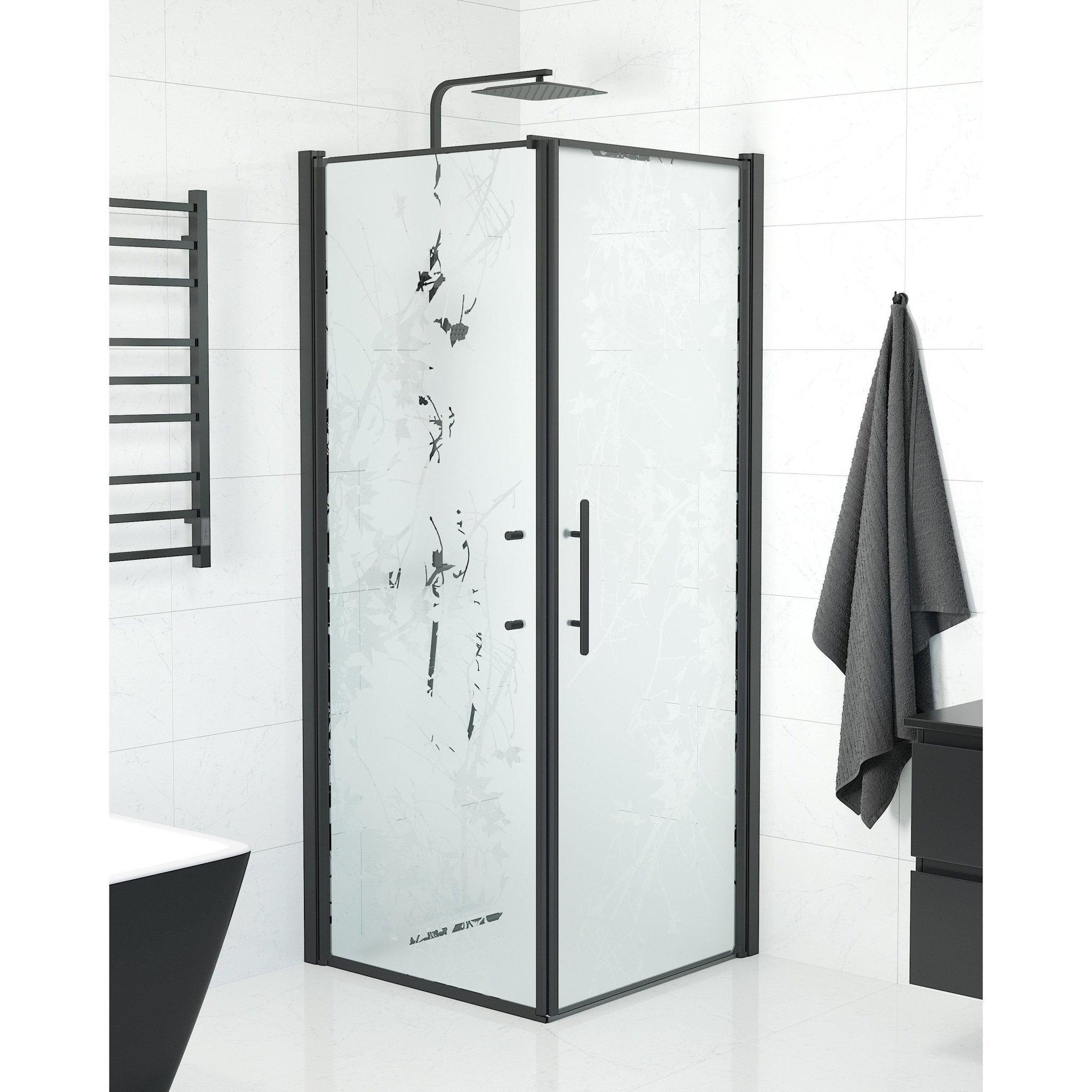 Duschhörna med fast vägg och dörr - 80x80x198 cm - 6 mm frostat dekor nanoglas - svart profil - Vänern - Duschhörn - Wall + Door - Decor, Shower Enclosure Set - Code, Decor/Black - 80 cm - MASTERSTORE - 8595677139785 - Shower Enclosure Set - Code - 40 - 808 - 00 - 54 - 00 - 8595677139785 -