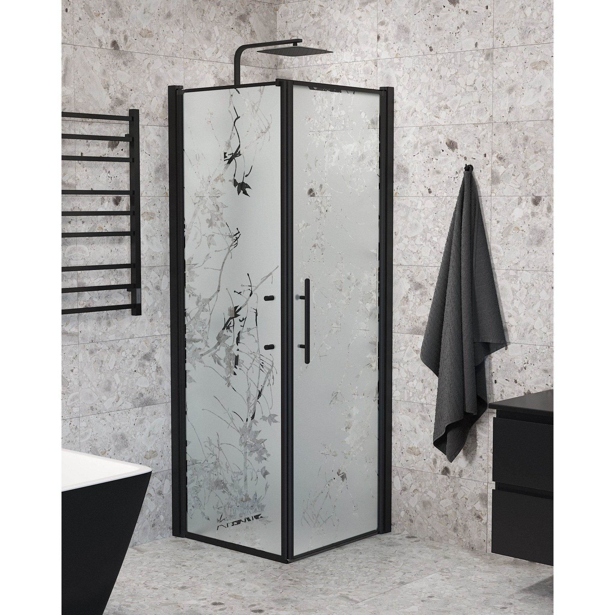 Duschhörna med fast vägg och dörr - 80x80x198 cm - 6 mm frostat dekor nanoglas - svart profil - Vänern - Duschhörn - Wall + Door - Decor, Shower Enclosure Set - Code, Decor/Black - 80 cm - MASTERSTORE - 8595677139785 - Shower Enclosure Set - Code - 40 - 808 - 00 - 54 - 00 - 8595677139785 -