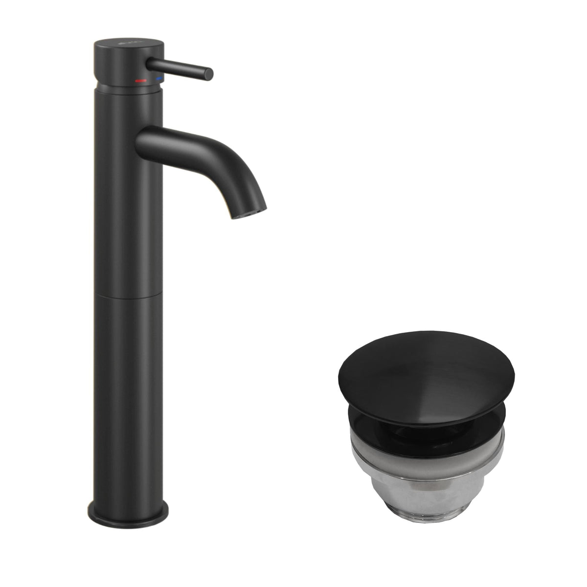 Rund tvättställsblandare 29 cm – hög modell – med bottenventil (set) – matt svart – Dragør