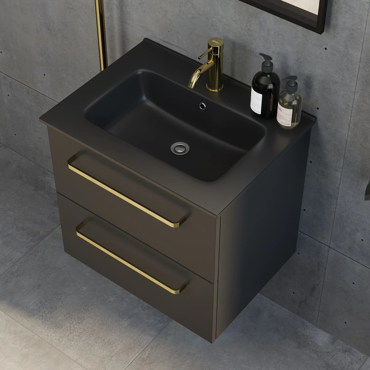 Badrumsmöbel med klassiska fronter - 120x46x57 cm - mattsvart - svart porslinstvättställ - mässingshandtag - Vegsund - Tvättställsskåp - Vegsund, Furniture Set - Code, Black Mat - 120 cm - MASTERSTORE - 8595677141931 - Furniture Set - Code - 70 - 120 - 56 - 02 - 30 - 8595677141931 -