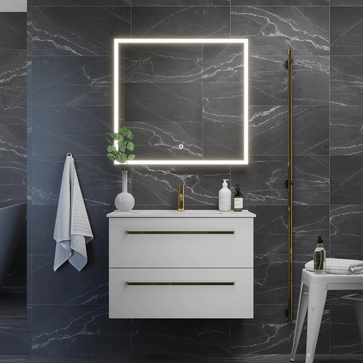 Badrumsmöbel med klassiska fronter - 80x46x57 cm - mattvit - vitt porslinstvättställ - mässingshandtag - Veggli - Tvättställsskåp - Veggli, Furniture Set - Code, White Mat - 81 cm - MASTERSTORE - 8595677142068 - Furniture Set - Code - 70 - 080 - 54 - 01 - 30 - 8595677142068 -