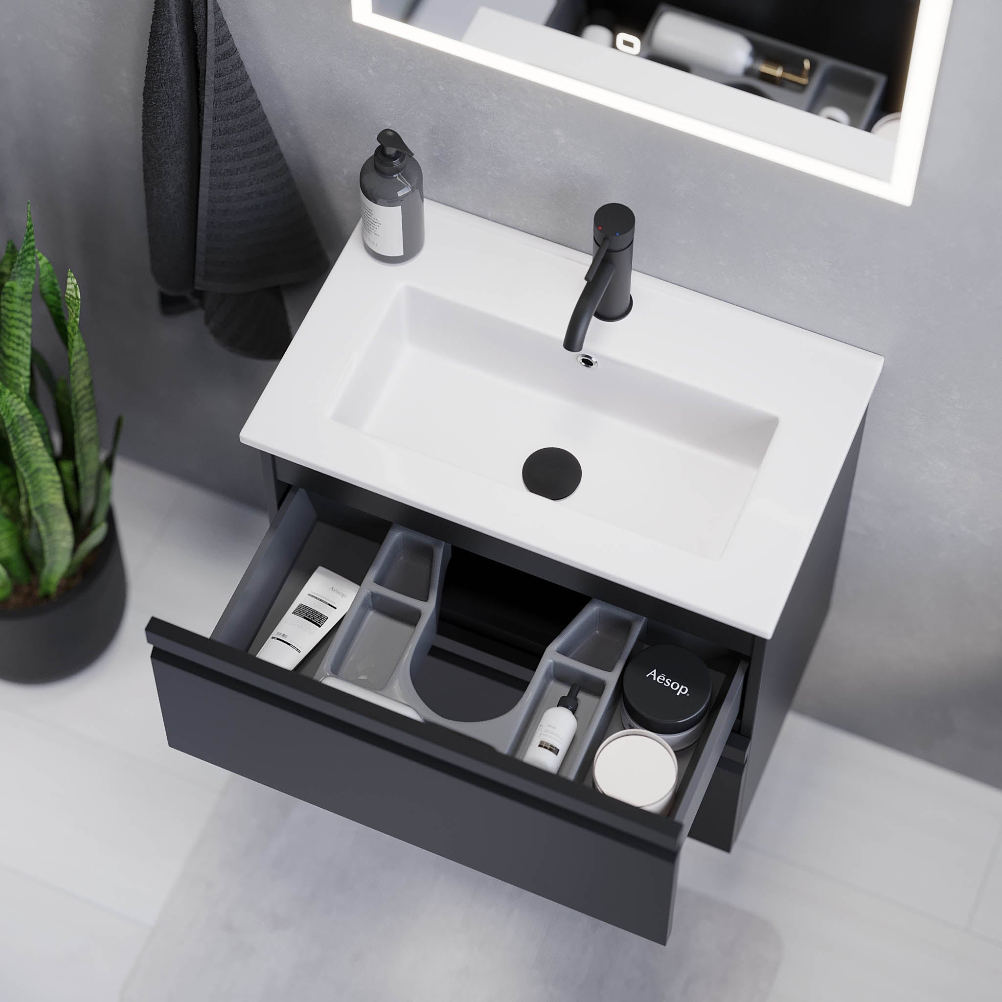 Badrumsmöbel med integrerade fronter - SLIM - 80x36x57 cm - matt svart - vitt porslinstvättställ - Knarrlagsund - Tvättställsskåp - Knarrlagsund, Furniture Set - Code, Black Mat - 80 cm - MASTERSTORE - 8595677142471 - Furniture Set - Code - 74 - 080 - 70 - 02 - 30 - 8595677142471 -