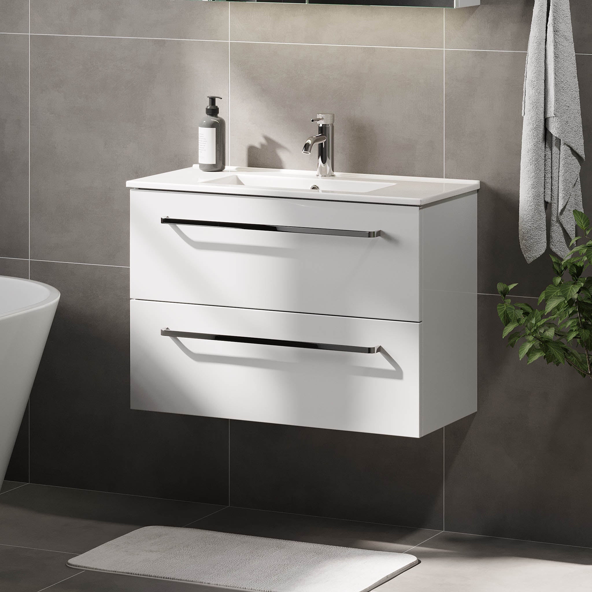 Badrumsmöbel med klassiska fronter - SLIM - 60x36x57 cm - mattvit - vitt porslinstvättställ - kromade handtag - Volda - Tvättställsskåp - Volda, Furniture Set - Code, White Mat - 60 cm - MASTERSTORE - 8595677150667 - Furniture Set - Code - 70 - 060 - 70 - 01 - 30 - 8595677150667 -