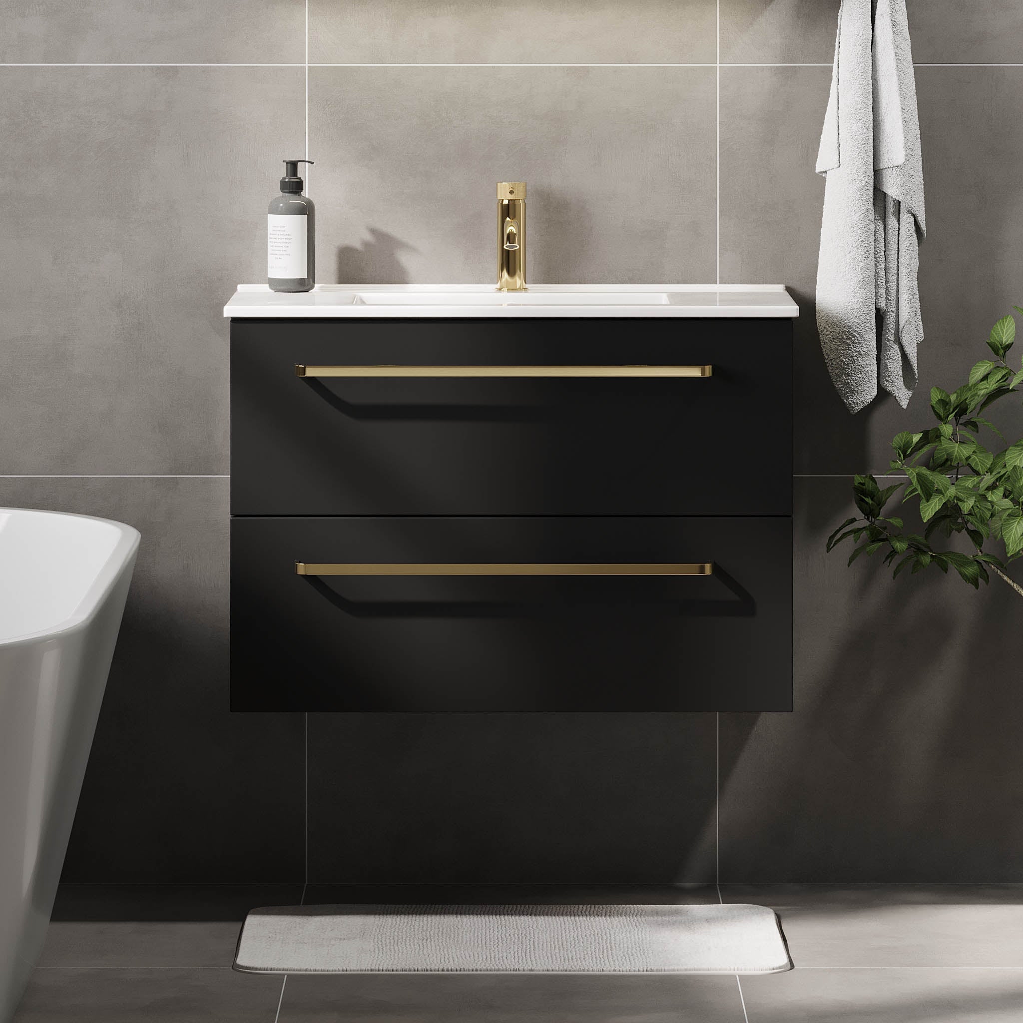 Badrumsmöbel med klassiska fronter - SLIM - 60x36x57 cm - mattsvart - vitt porslinstvättställ - mässingshandtag - Volda - Tvättställsskåp - Volda, Furniture Set - Code, Black Mat - 60 cm - MASTERSTORE - 8595677150674 - Furniture Set - Code - 70 - 060 - 70 - 02 - 30 - 8595677150674 -