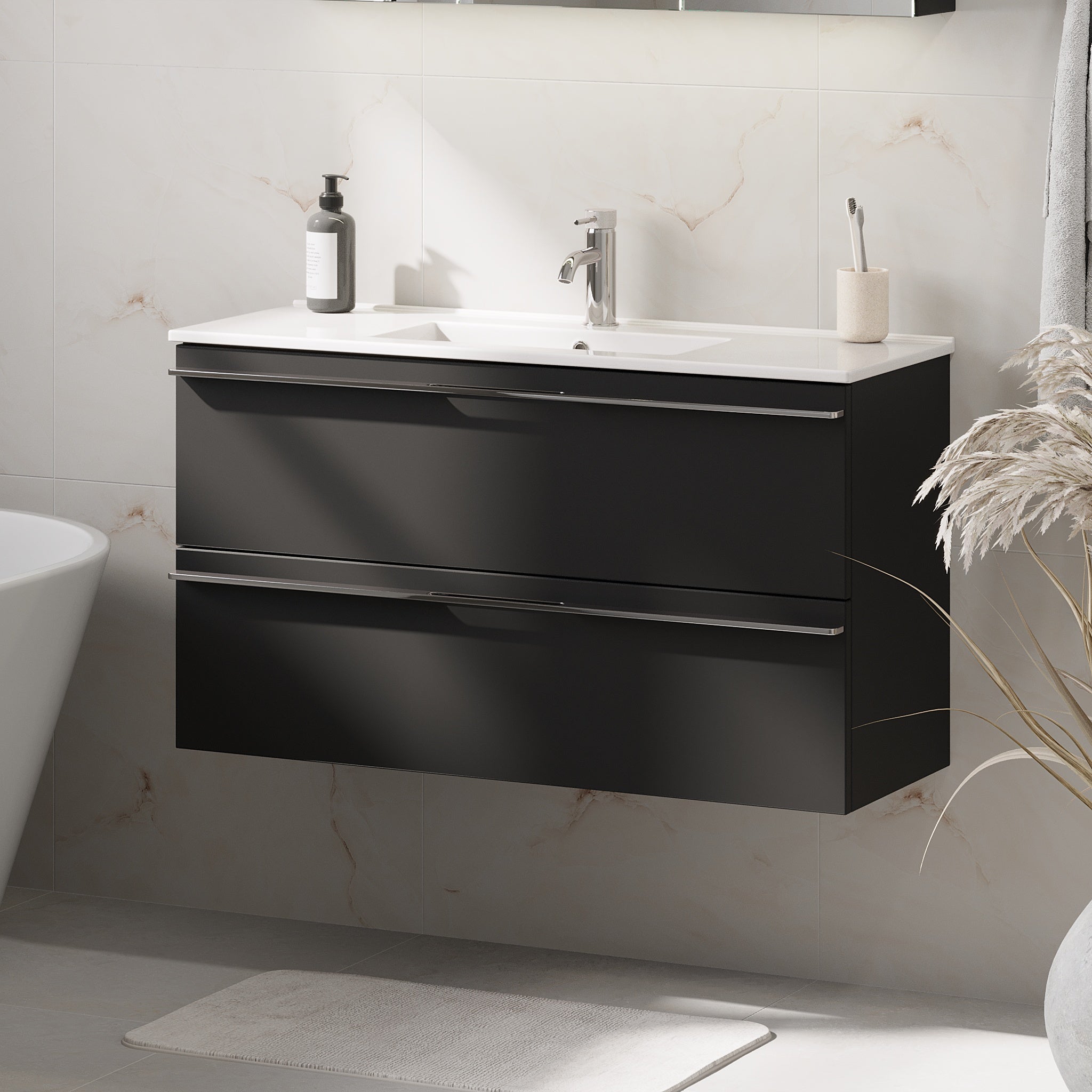 Badrumsmöbel med klassiska fronter - SLIM - 60x36x57 cm - mattsvart - vitt porslinstvättställ - kromade handtag - Verdal - Tvättställsskåp - Verdal, Furniture Set - Code, Black Mat - 60 cm - MASTERSTORE - 8595677150711 - Furniture Set - Code - 70 - 060 - 70 - 02 - 31 - 8595677150711 -