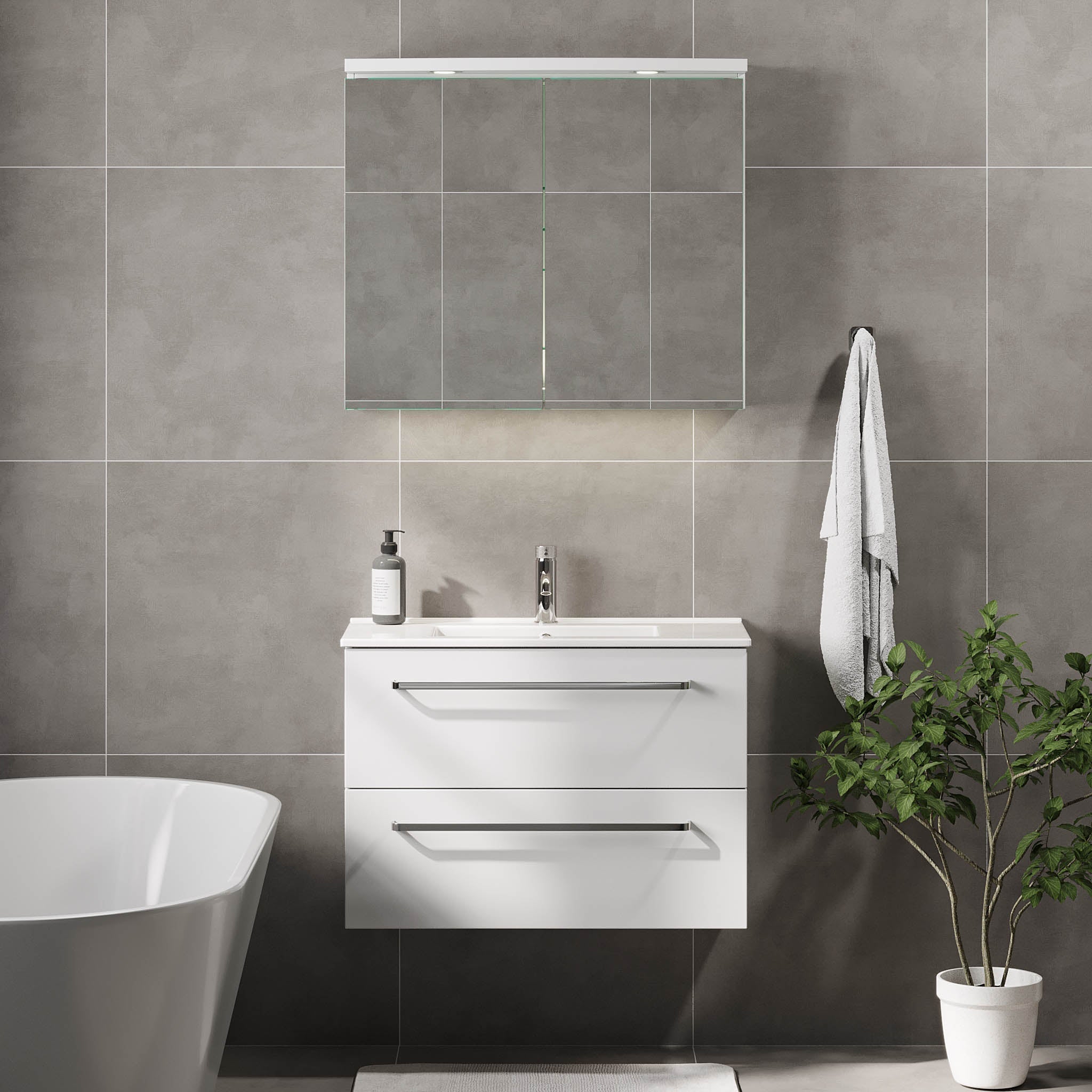 Badrumsmöbel med klassiska fronter - SLIM - 80x36x57 cm - mattvit - vitt porslinstvättställ - kromade handtag - Volda - Tvättställsskåp - Volda, Furniture Set - Code, White Mat - 81 cm - MASTERSTORE - 8595677150742 - Furniture Set - Code - 70 - 080 - 70 - 01 - 30 - 8595677150742 -