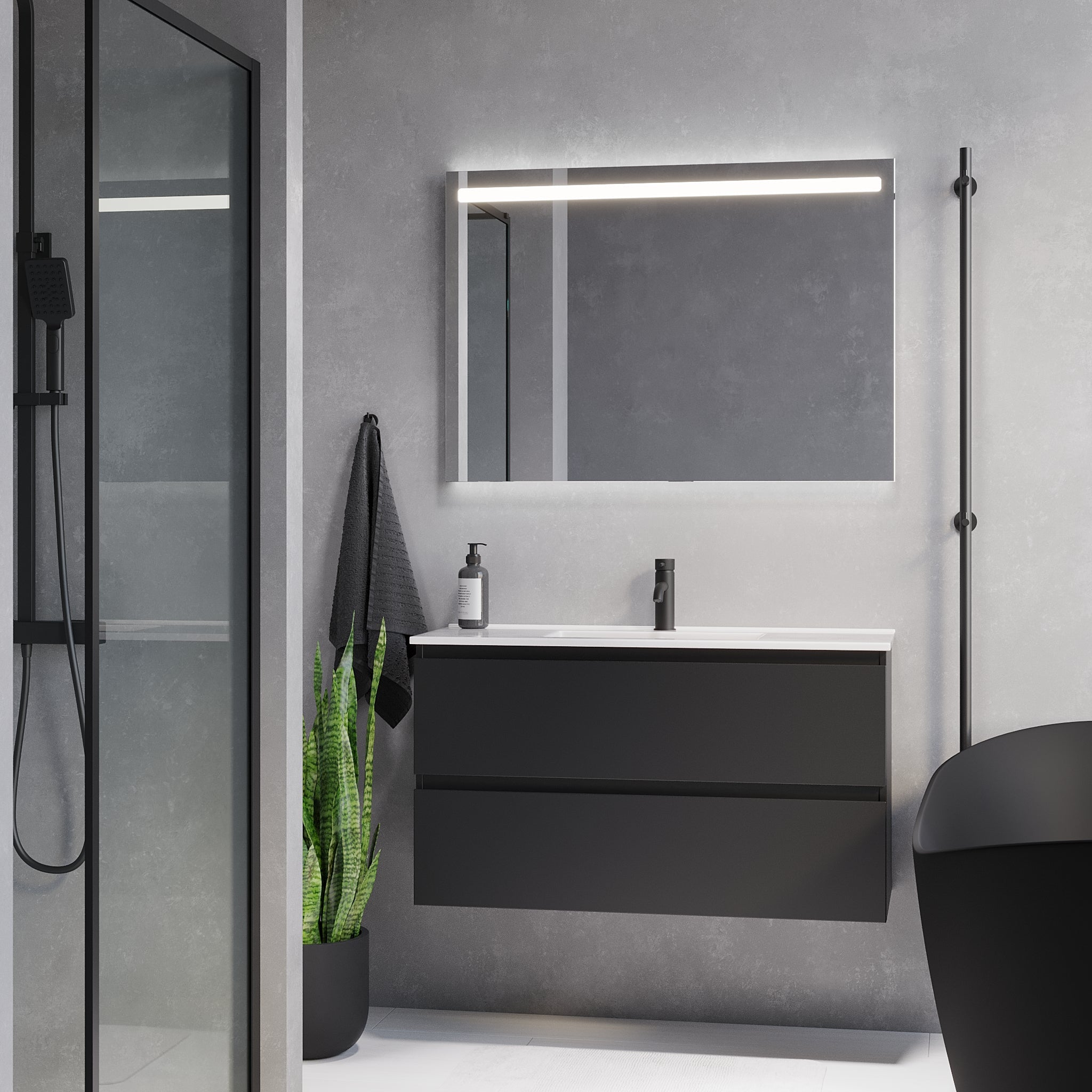 Badrumsmöbel med klassiska integrerade fronter - SLIM - 60x36x57 cm - mattsvart - vitt porslinstvättställ - Sandshamn - Tvättställsskåp - Sandshamn, Furniture Set - Code, Black Mat - 60 cm - MASTERSTORE - 8595677150919 - Furniture Set - Code - 73 - 060 - 70 - 02 - 30 - 8595677150919 -