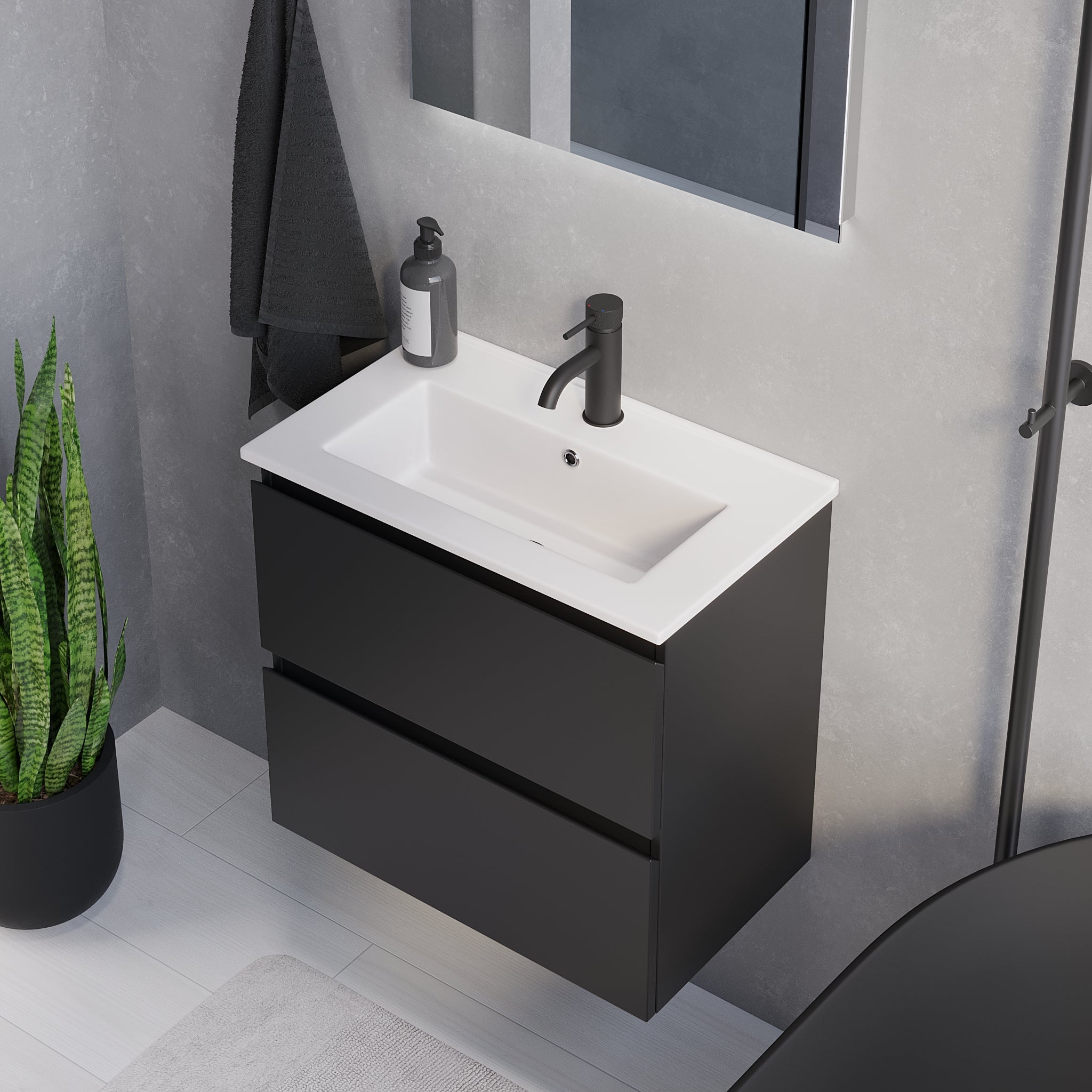 Badrumsmöbel med klassiska integrerade fronter - SLIM - 60x36x57 cm - mattsvart - vitt porslinstvättställ - Sandshamn - Tvättställsskåp - Sandshamn, Furniture Set - Code, Black Mat - 60 cm - MASTERSTORE - 8595677150919 - Furniture Set - Code - 73 - 060 - 70 - 02 - 30 - 8595677150919 -