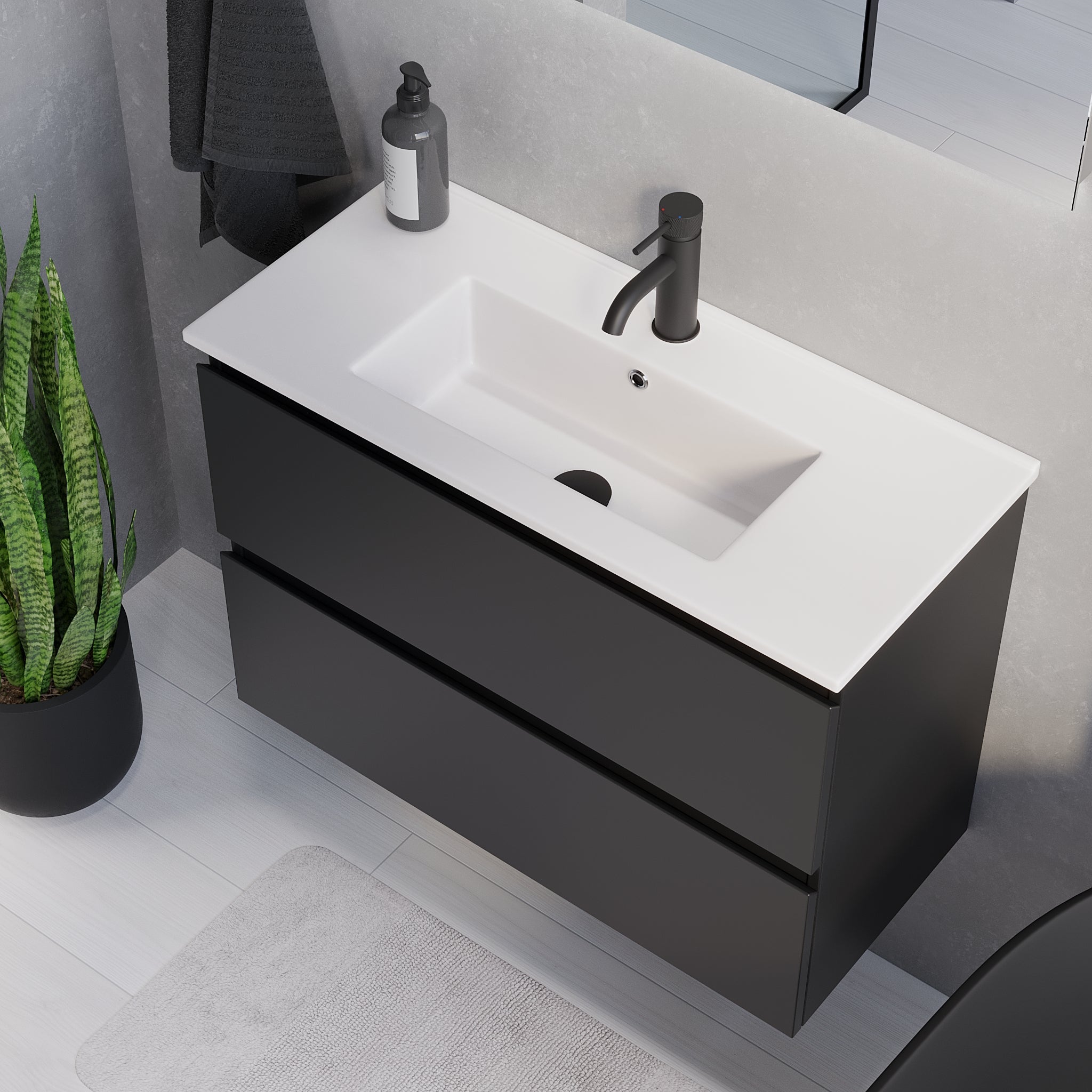 Badrumsmöbel med klassiska integrerade fronter - SLIM - 80x36x57 cm - matt svart - vitt porslinstvättställ - Sandshamn - Tvättställsskåp - Sandshamn, Furniture Set - Code, Black Mat - 80 cm - MASTERSTORE - 8595677150940 - Furniture Set - Code - 73 - 080 - 70 - 02 - 30 - 8595677150940 -