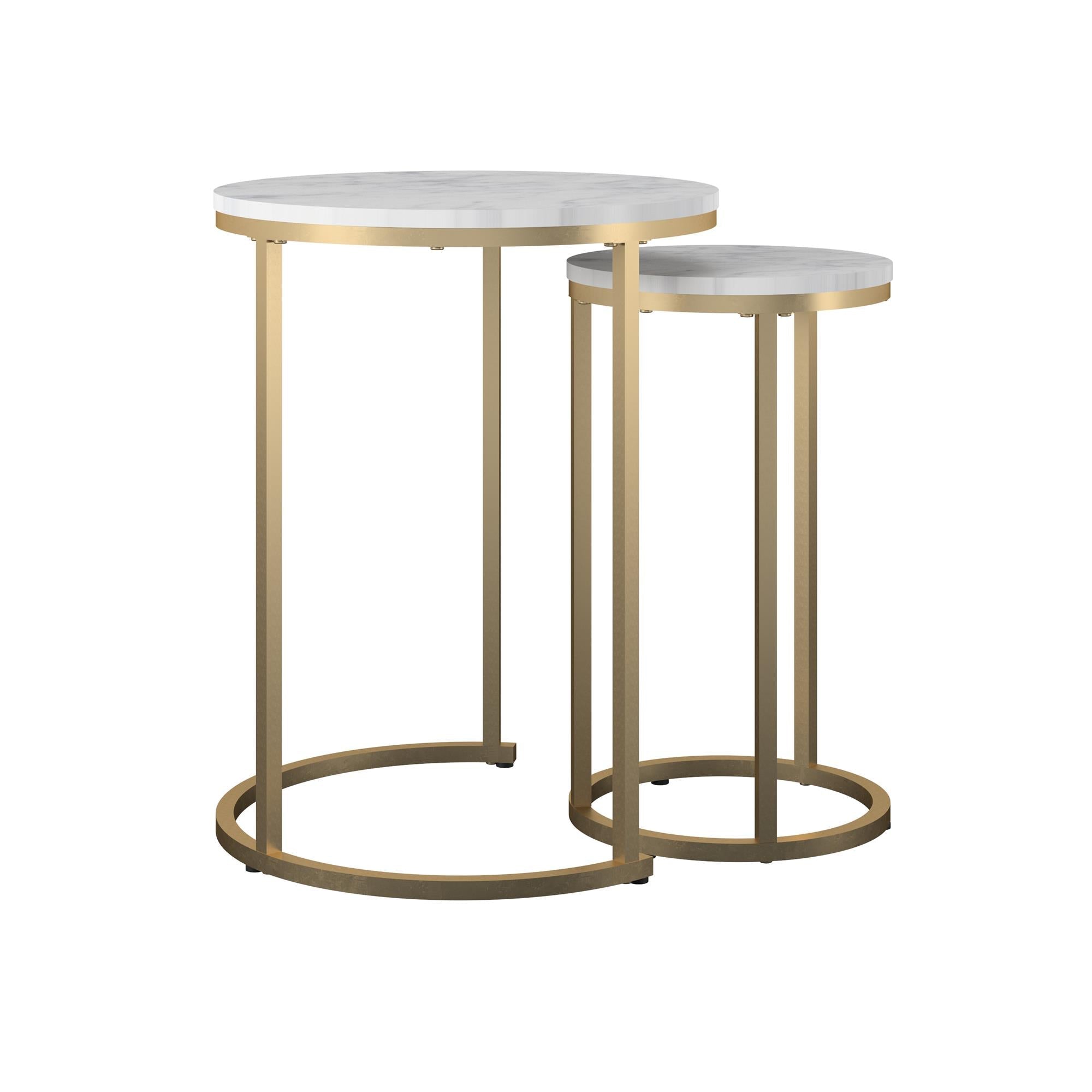 Runda sidobord - Ø46 & Ø30 - 2 stycken med metallben i guldfärg - vit marmor - Amelia - Soffbord - Runda sidobord - Ø46 & Ø30 - 2 stycken med metallben i guldfärg - vit marmor - Amelia -