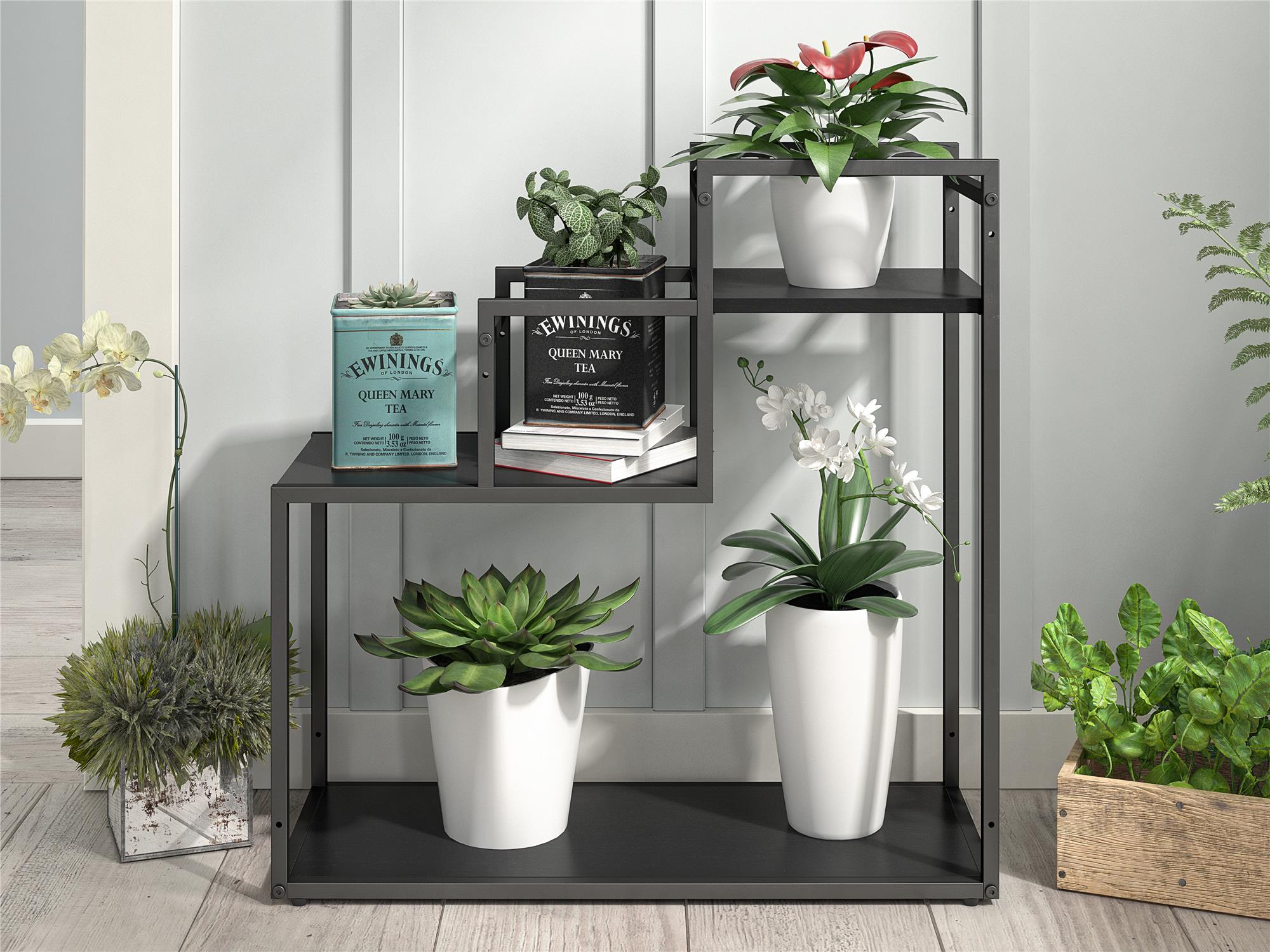Blomställning - 58x23x59 cm - med 3 hyllplan och metallram - svart - Weston