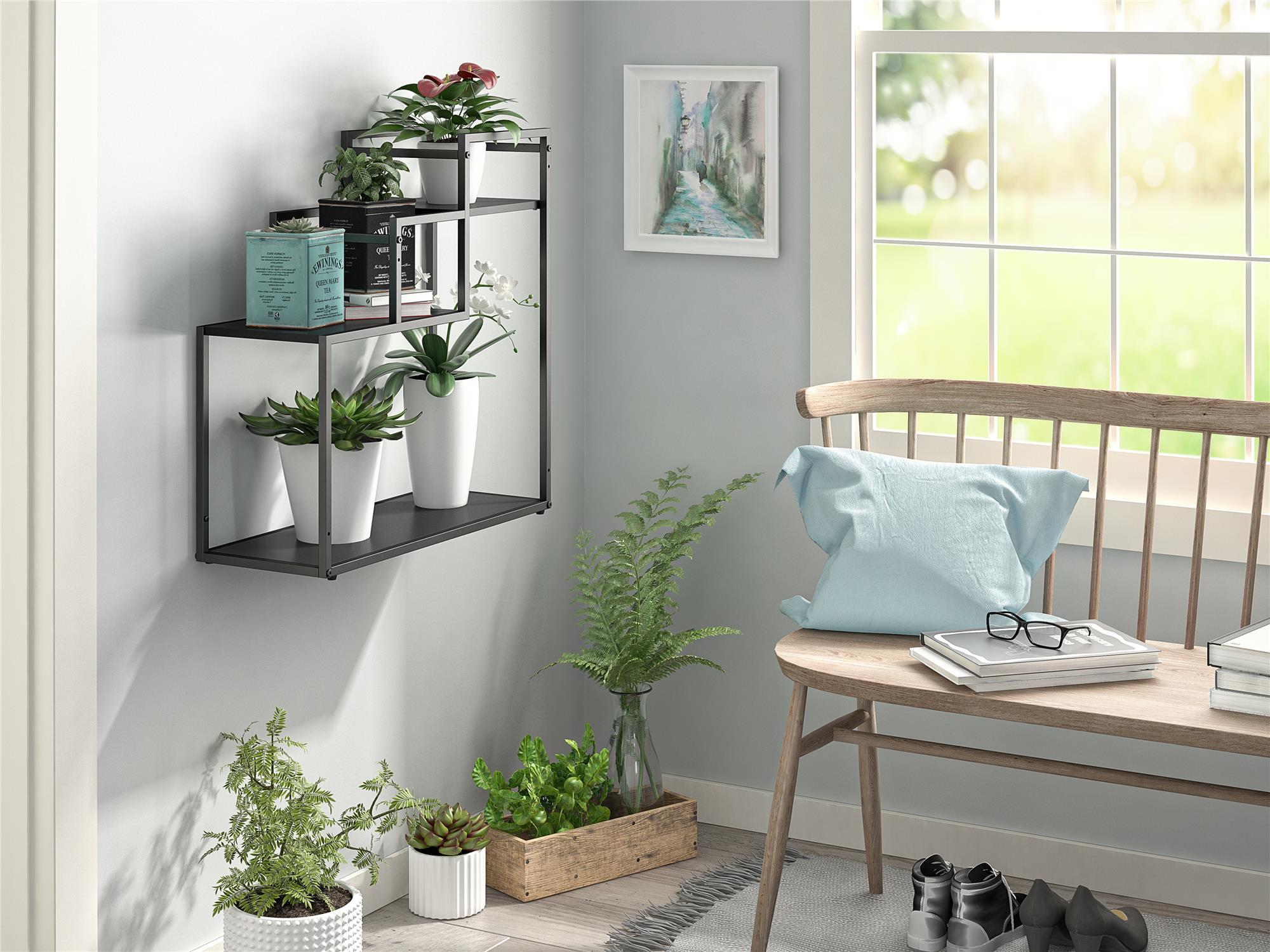 Blomställning - 58x23x59 cm - med 3 hyllplan och metallram - svart - Weston