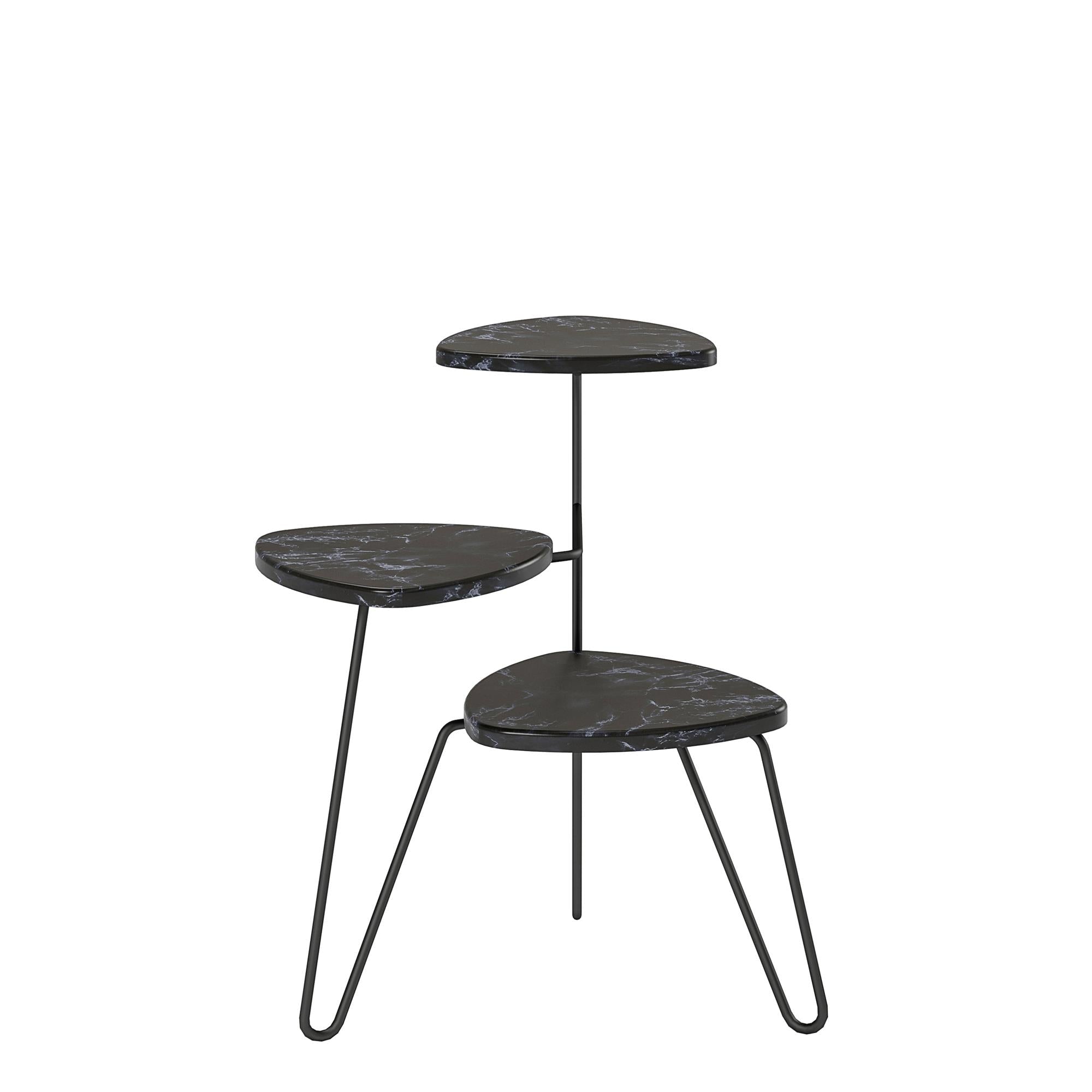 Växtställ - 55x52x64 cm - i svart marmorfinish med 3 hyllplan och svarta metallben i hårnålsstil - svart - Athena - Växtställ - Växtställ - 55x52x64 cm - i svart marmorfinish med 3 hyllplan och svarta metallben i hårnålsstil - svart - Athena -